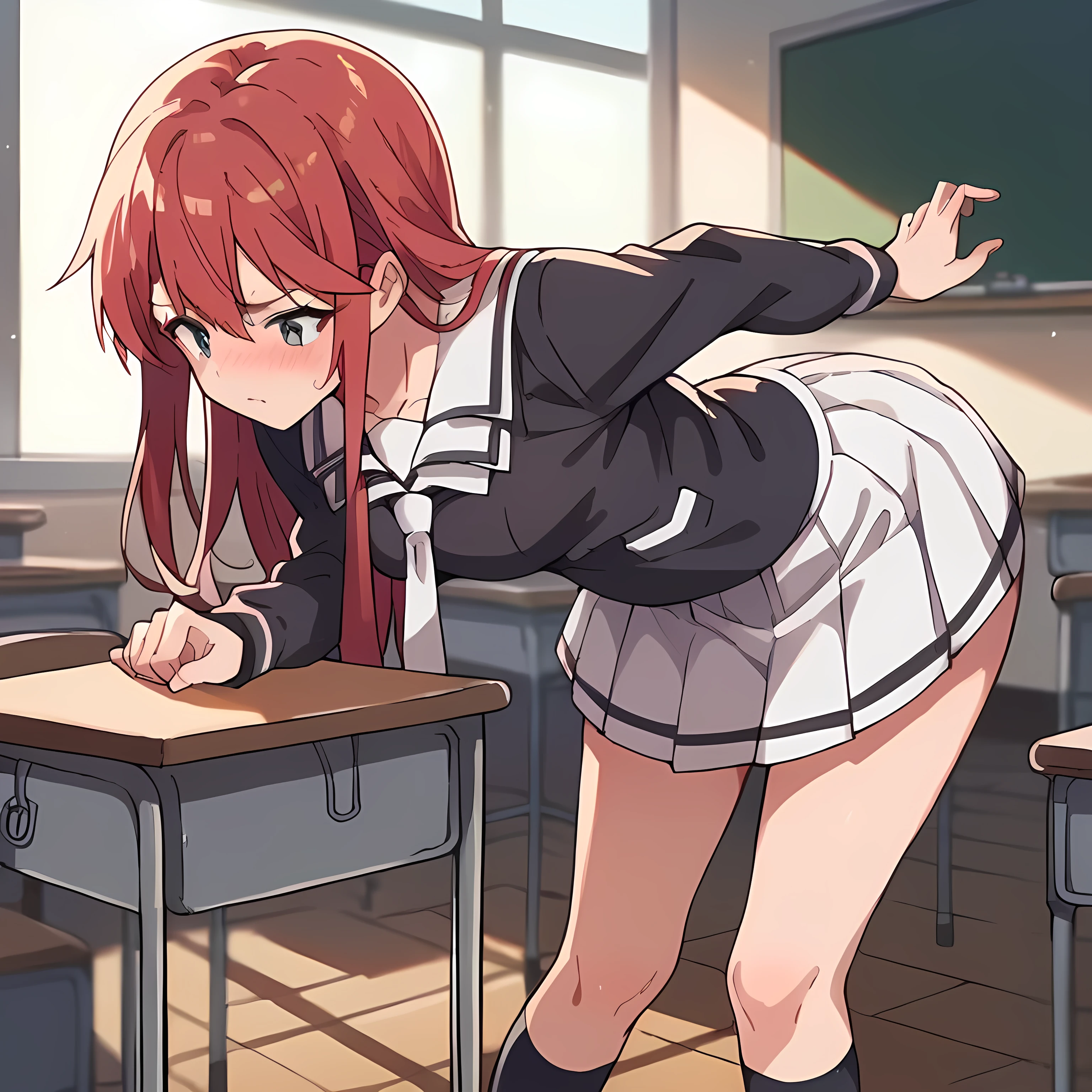 score_9, score_8_up, score_7_up, source_anime,
long hair, red hair,
skirt, , necktie, serafuku, socks, kneehighs, skirt, white skirt, pleated skirt, black shirt,
indoors, classroom, bent over,blushed
solo icon