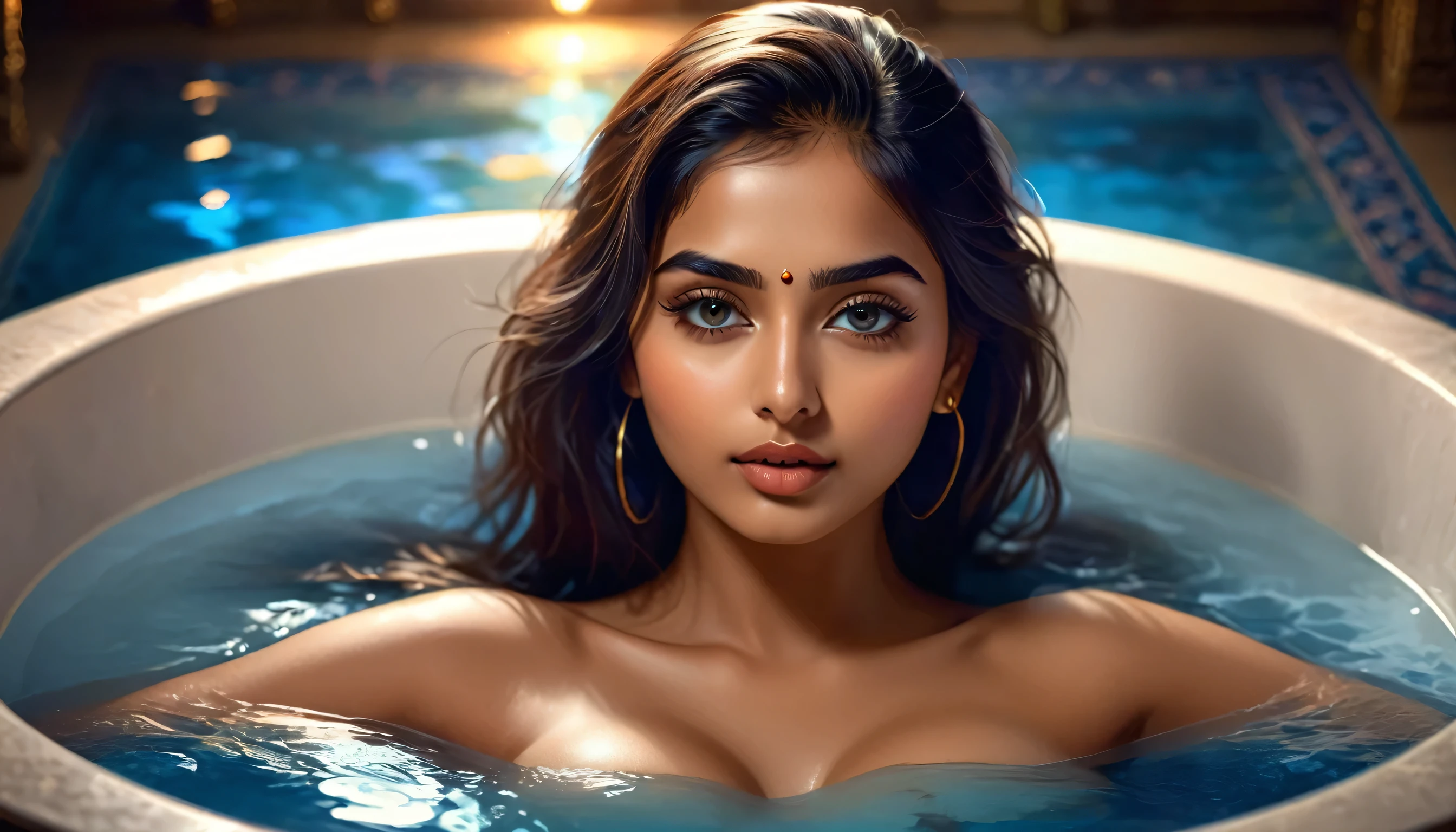 a indian pretty stylish 20 year old girl laying sensual bathtub, wearing towel covering her body parts, beautiful detailed eyes, beautiful detailed lips, extremely detailed skin and face, long eyelashes, hourglass figure, bold pose, dramatic lighting, cinematic,dramatic atmosphere, vivid colors, chiaroscuro lighting, photorealistic,8k, hyper detailed, , ultra focus, face ilumined, face detailed, 8k resolution, painted, dry brush, brush strokes, razumov style and garmash style, by Tokaito, ((Full Open )), full body, wide shot , blue effect, night ambience, digital art brush effect