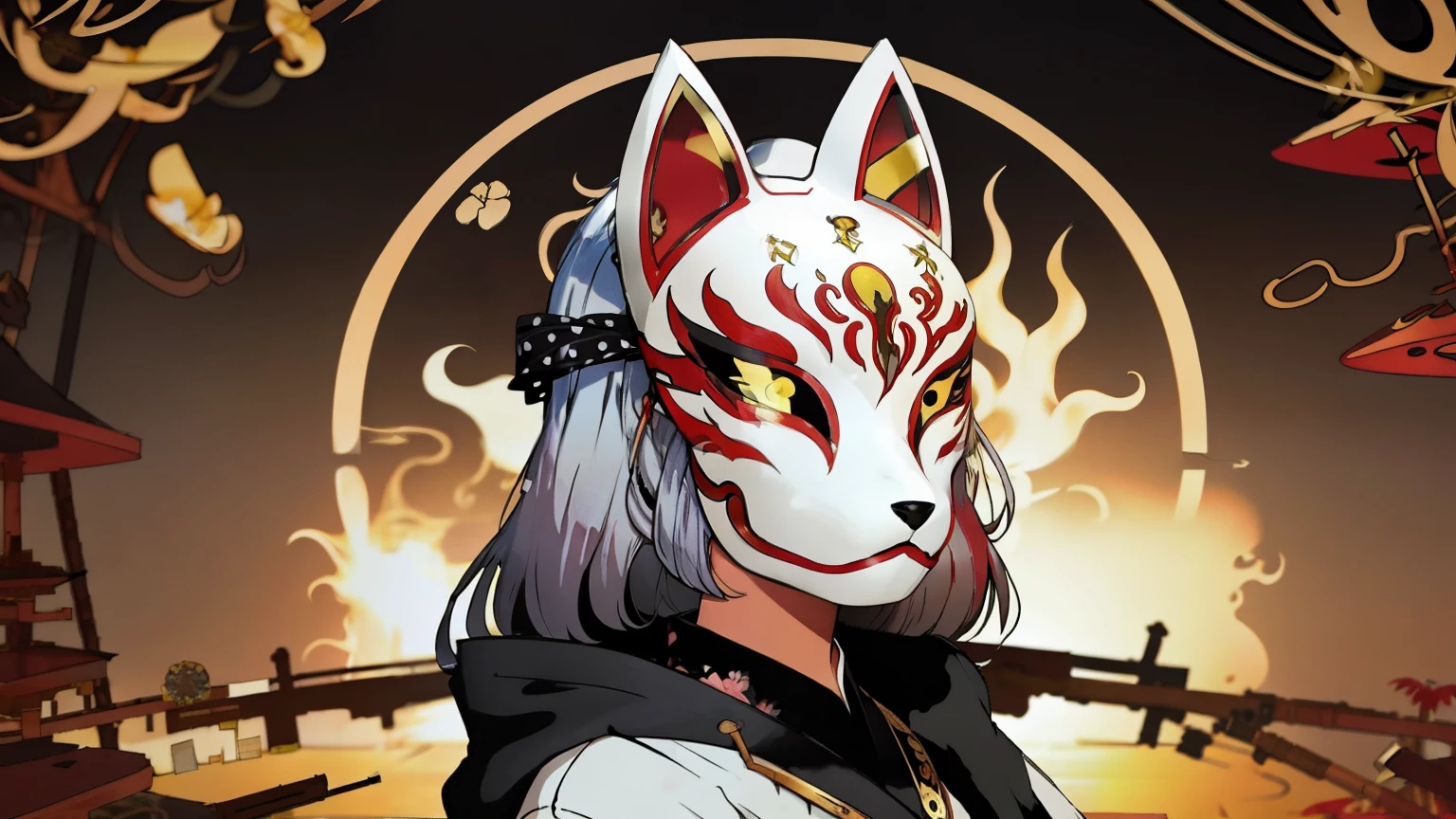 Fox Mask、Silver Hair、One Girl, Official Art, unity 8k wallpaper, Super detailed, beautifully、aesthetic, masterpiece, highest quality, Realistic, (Abstract background) (zenTangle, Mandala, Tangle, enTangle background:0.7) kitsune, Fox Mask Template, Haori, Foxfire spells, Fox Familiar, conversion, Depth of written boundary, A fantastic atmosphere, The most beautiful form of chaos, elegant, Brutalist design, flowers of death, Flower Ecstasy