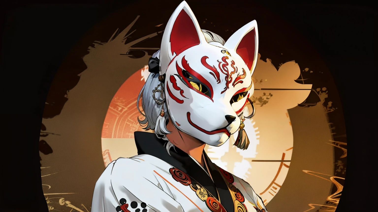 Fox Mask、Silver Hair、One Girl, Official Art, unity 8k wallpaper, Super detailed, beautifully、aesthetic, masterpiece, highest quality, Realistic, (Abstract background) (zenTangle, Mandala, Tangle, enTangle background:0.7) kitsune, Fox Mask Template, Haori, Foxfire spells, Fox Familiar, conversion, Depth of written boundary, A fantastic atmosphere, The most beautiful form of chaos, elegant, Brutalist design, flowers of death, Flower Ecstasy