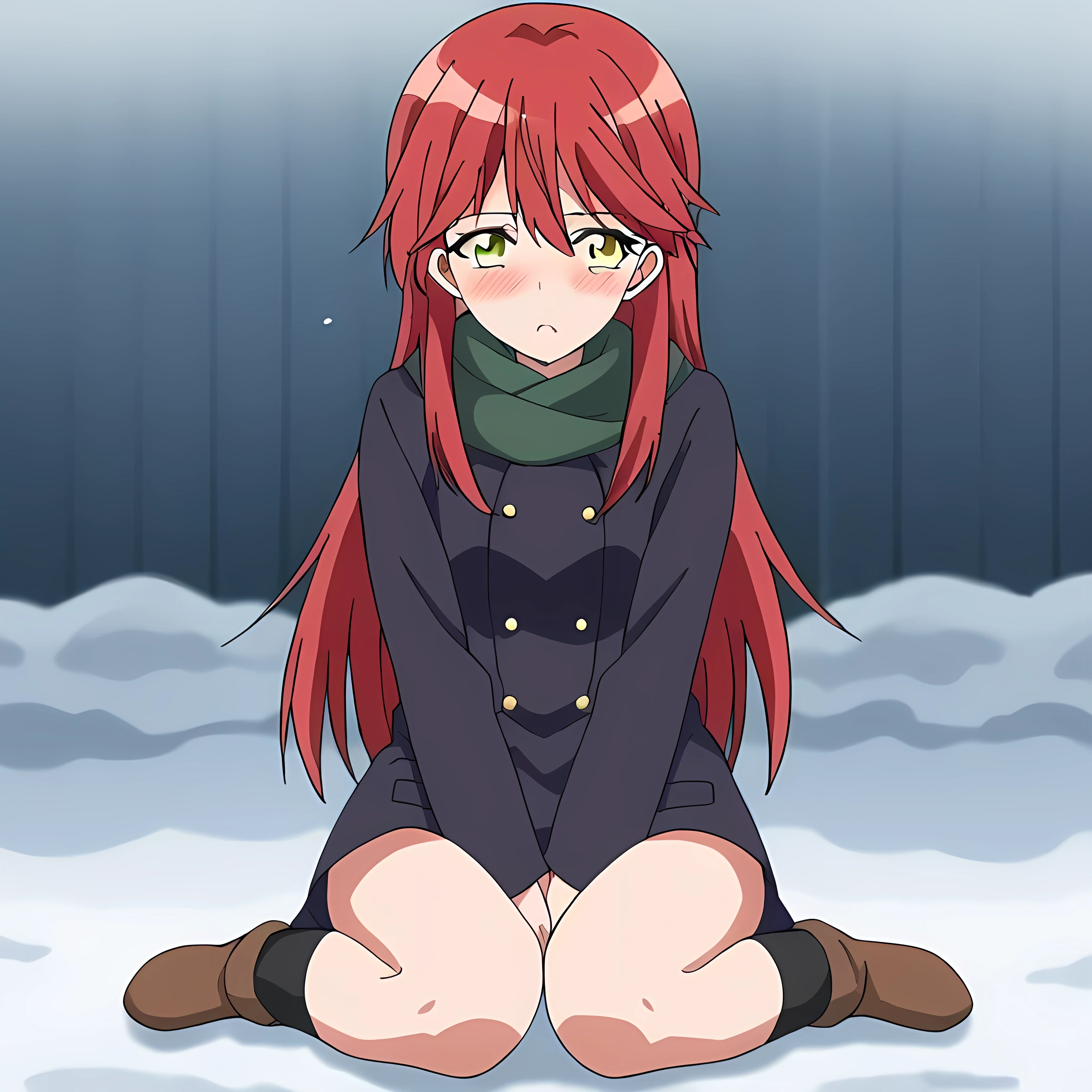  source_anime, long hair, red hair, yellow eyes,
in the snow, sitting on the ground shivering from the cold
solo icon 