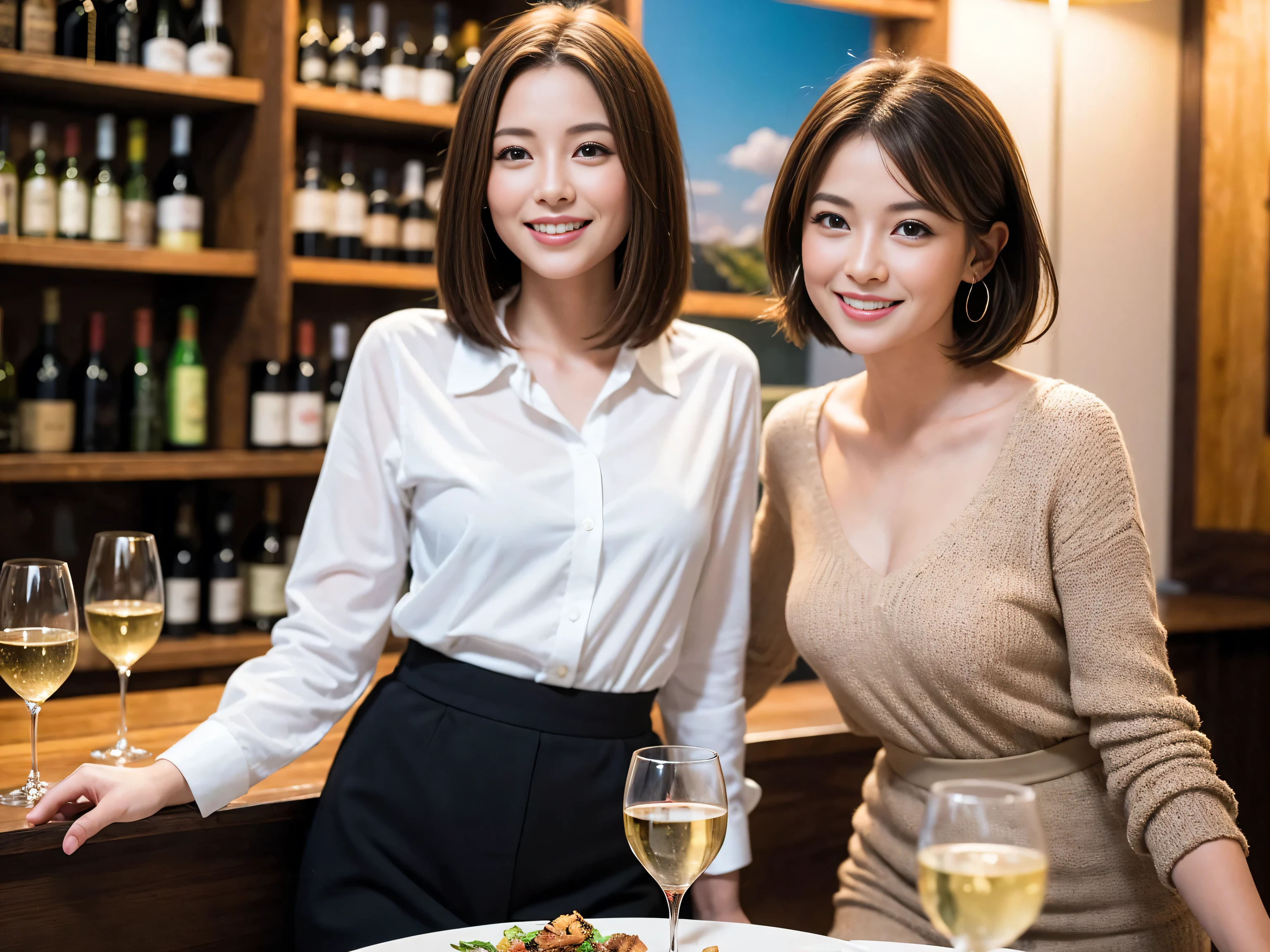 ((highest quality、8k、masterpiece:1.3))、1 male、1 woman who resembles Satomi Ishihara、Couple、Spouse、Couple、The body is slim、((Bob Hale、Straight hair:1.2)), (Realistic, Intricate details:1.2), Wine glass on the table、Put the light on your face、 Amazing view of the sunset sky and clouds、Amazing mountain views、A bright smile、The wonderfulness of smile、Bright image、The beauty of wine, Beautiful Face, blue eyes, The light shines on your face, Blushing, short hair,Bright Face、 (Age 37), 39 years old, red wine 、Appetizers、Italian food、Wine bottle、Champagne、sparkling wine、Two beauties、Brown Hair、Shortcuts、Long sleeve shirt、dress、Pretty Woman 1, (Slim face), (The body is slim), (Brown Hair), (Shortcuts), cheeks turn a little red,Attractive beauty、restaurant, In a prominent place (From the waist up) Nova Frog Style, actress, model, Upper Body, White wine, slim, wine glass, A wine glass placed in the center, smile, (smile: 1.15), Beautiful fine grain, Depth f/2,saturation, High Contrast, Strong light and shadow,Moist Body:1.5、3D texture、Delicate eyes、Brown Hair、The hair is very shiny、