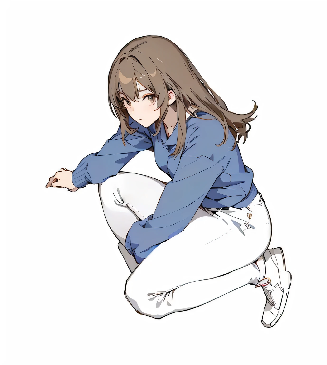 anime girl with arms open、Kneel with legs crossed, Anime girl squatting, Beautiful anime girl squatting, Hold your knees, Anime poses, Casual posture, Tick, Various postures, Actress 👀 :8, Neutral posture, Posture with hands behind body!, relaxed poses, Strongest posture, Sit on your knees, Twisted posture