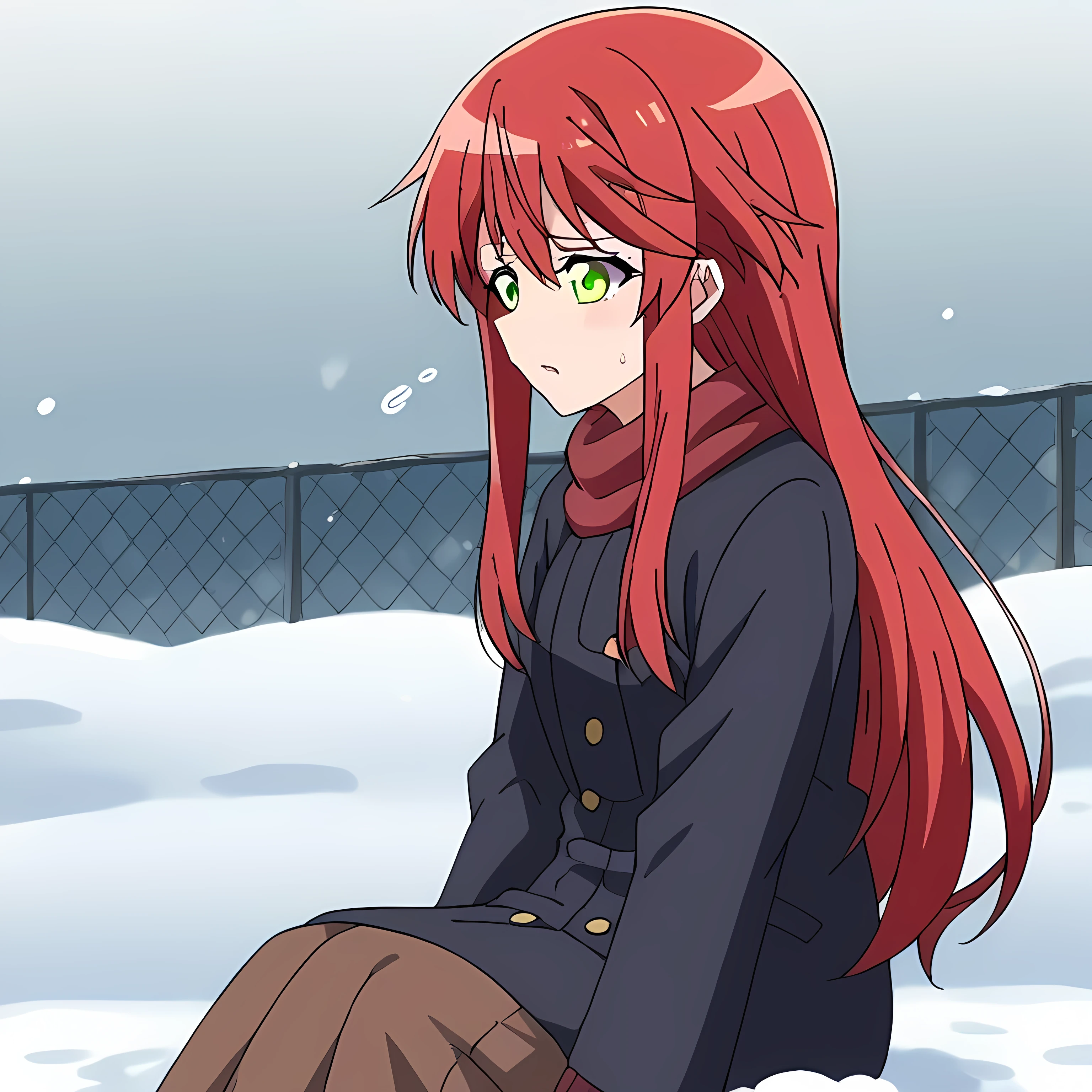  source_anime, long hair, red hair, yellow eyes,
in the snow, sitting on the ground shivering from the cold
solo icon 