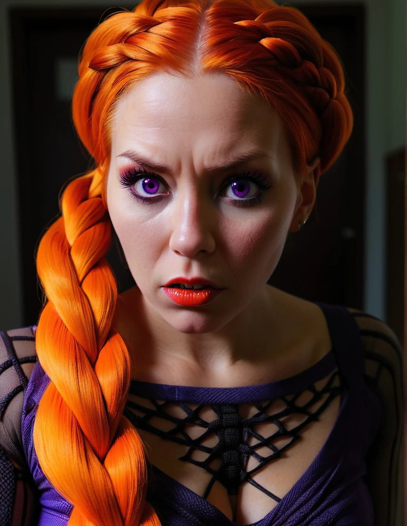 Good South-American Black Widow, DayGlo orange and dark orange hair, Phenomenal Dutch braid hairstyle, near Clinic, soft focus, Arte Povera, natural lighting, Fish-eye Lens, deep purple and Bronze hue, (art by Yoh Nagao:0.9), a look of terror scared horrified