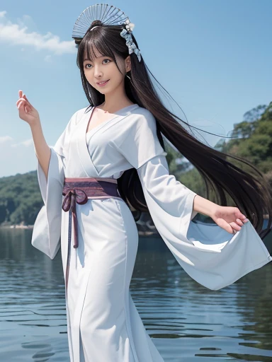 a lot of details, (underweight), 30 years old, detailed black hair, beautiful detailed hair, super fucking beautiful, complex details beautiful and delicate eyes, perfect hands, (flat chest best quality:1.5), perfect and delicate limbs, detailed skin, best quality, ultra-detailed,(cheerful grin:1.3),
(Japanese goddess,Seoritsuhime:1.2), surreal, (full body:1.2), looking away, outstretched arms, a lot of details, Fluttering long hair, delicate beautiful face, angel halo, (kimono:1.2), finely detailed cloth, beautiful colored clothes, floating cloud, on beautiful detailed water, Water as smooth as a mirror,
