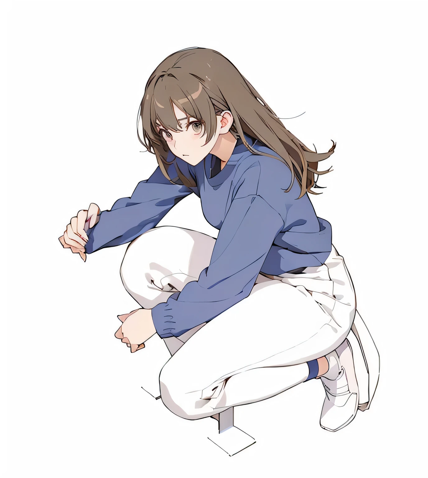 anime girl with arms open、Kneel with legs crossed, Anime girl squatting, Beautiful anime girl squatting, Hold your knees, Anime poses, Casual posture, Tick, Various postures, Actress 👀 :8, Neutral posture, Posture with hands behind body!, relaxed poses, Strongest posture, Sit on your knees, Twisted posture
