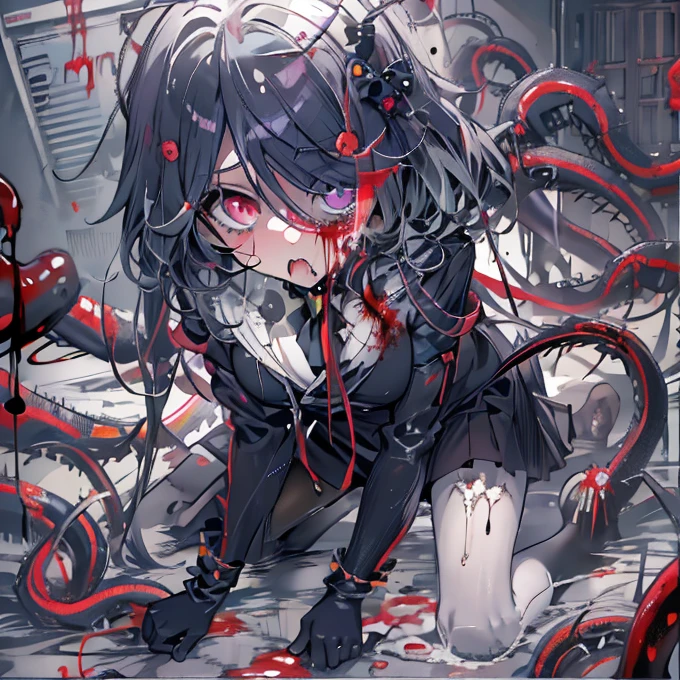 masterpiece, best quality, masterpiece,best quality,official art,extremely detailed CG unity 8k wallpaper, show foot, little girl, solo, kawaii, no_humans, medium hair, black hair, tentacle hair, saliva, blood on face, light blush, red eyes, blood from eyes, large breasts, hanging breasts, one breast out, seifuku, black pantyhose, uwabaki, tentacle, vore, bdsm, girl_on_top, sex, femdom, facesitting, pussy_juice, female_ejaculation, cum, zombie  girl ，one girl one boy，Girl infects man，Man under girl，Zombie girl，Blood on the face，Zombie girl感染人类，Zombie Lori，White knee socks，Purple Eyes