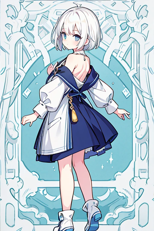 white hair, short hair, side braid, bangs, hair over shoulder, hair spread out, from side, from behind, 8k, super detail, best quality, fullbody