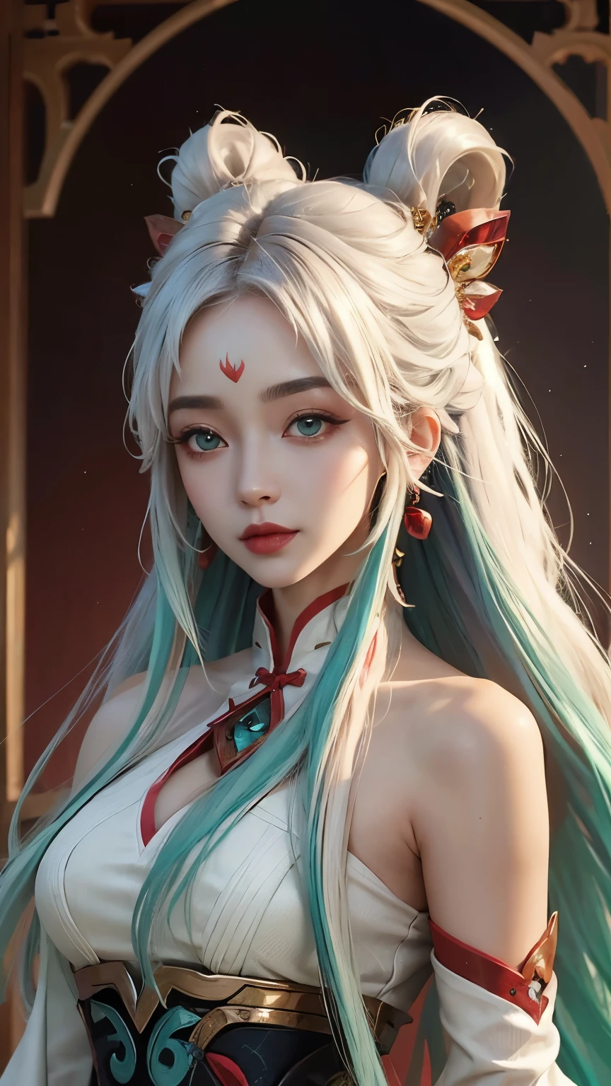 (masterpiece, best quality:1.2), intricate details, mythmaker irelia, 1girl, hair ornament, hair rings, bare shoulders, dress, detached sleeves, forehead mark, multicolored hair, white hair, earrings, green eyes, textured skin, looking at viewer, solo, light smile, (mature female:1.2),sexy pose