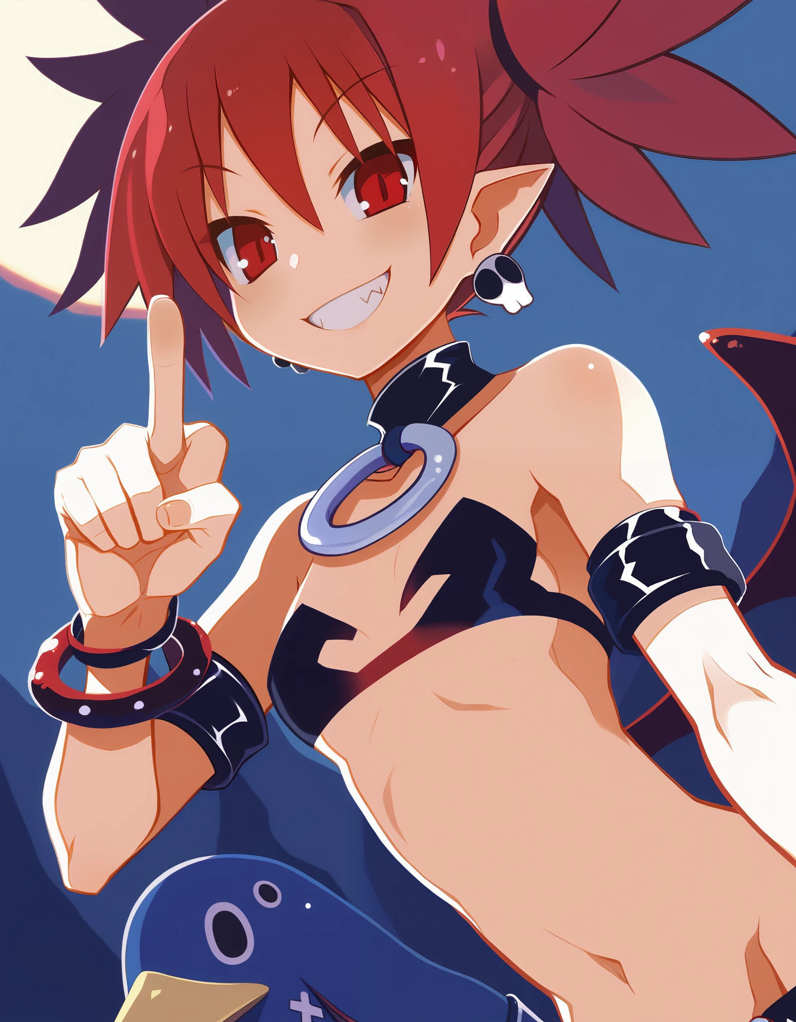 score_9,source_anime,1girl,etna \(disgaea\),harada takehito, red eyes,leaning forward,evil smile, black bikini,cave,arched back,etna (disgaea), upper body, looking at viewer, front view, from below, pointing finger, close-up of finger,