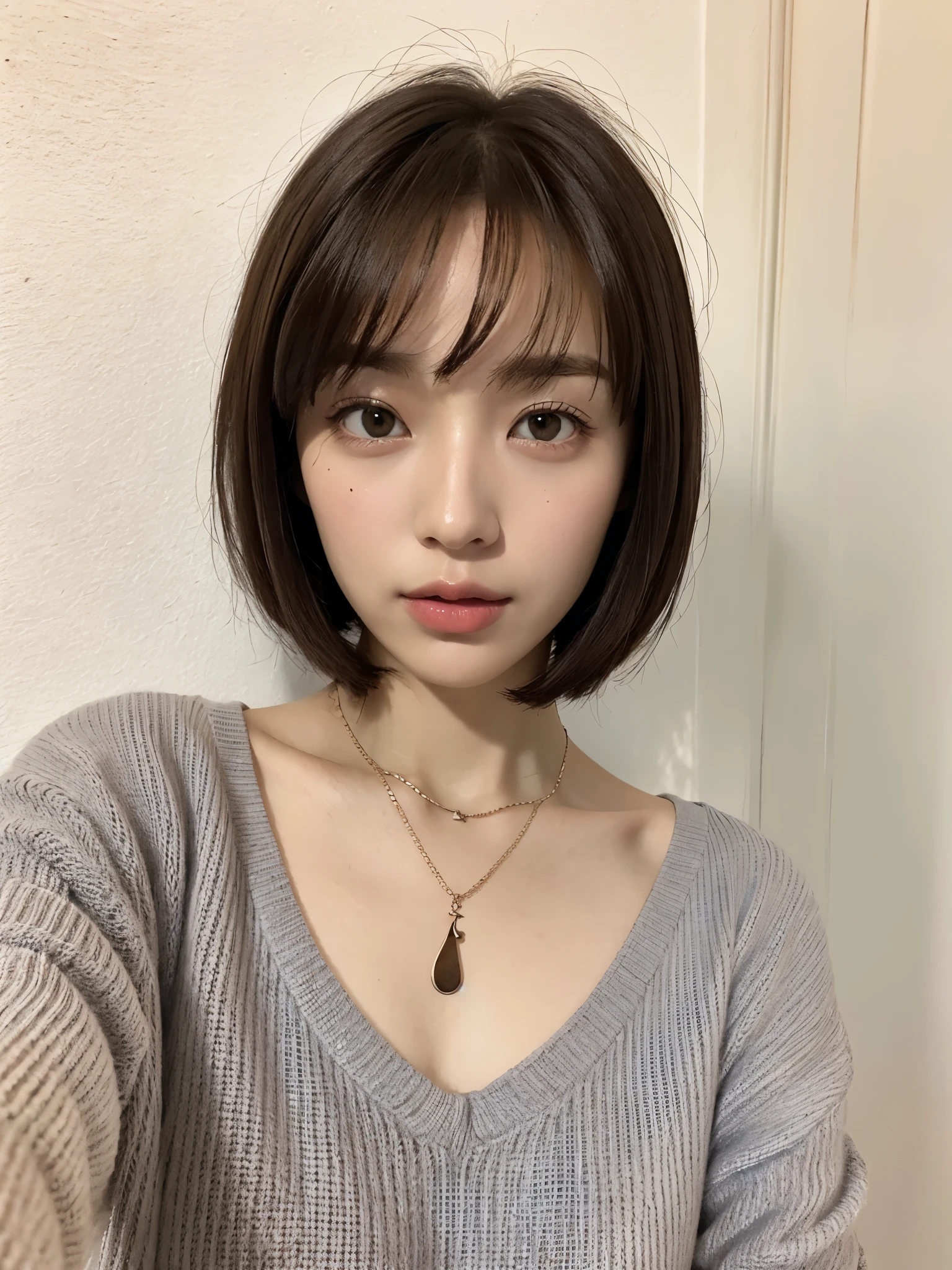 white wall、Taken in front of the white door、(A room with a white wall and a window)、shot in natural light、Highly detailed face and skin texture、highly detailed lips、correct state of the human body、Super high resolution、(Photoreal:1.4)、top quality, 1 beautiful woman, 28 years old, s, 35mm lens、Light Blue Knit、(Dark brown medium shorthair)、Japanese woman with bob、(dark brown hair)、Versatile poses、looking at the camera、natural color lip、Autumn outfit、Winter clothes、 necklace