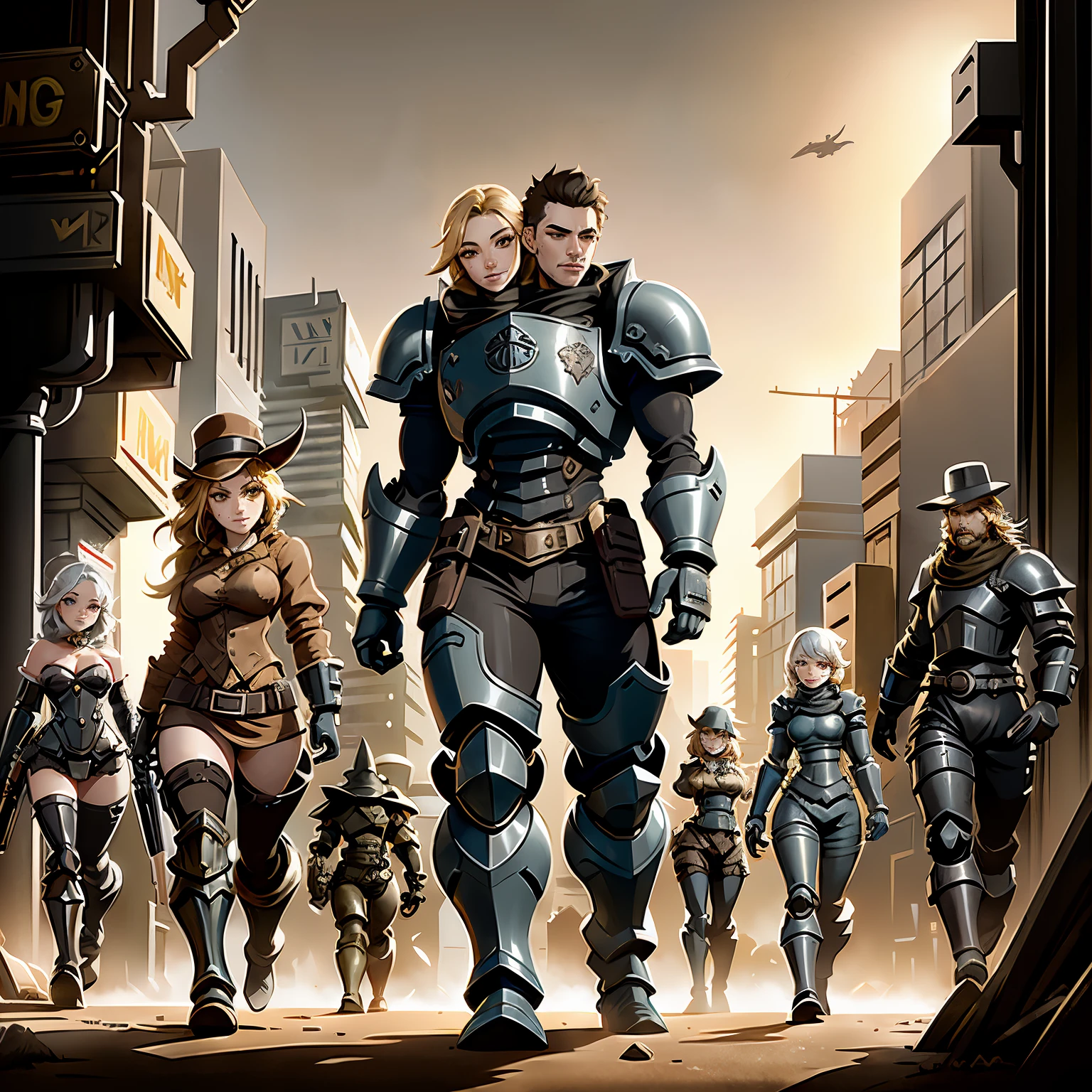 arafed image of a man and a woman walking in front of a group of robots, grimdark steampunk fantasy, ps 4 in - game cinematic, character with a hat, a horned, wasteland, official splash art, “pig, the gunslinger, gray wasteland, swarm, heavy white and golden armor, sepia, official artwork, ox, (two heads)