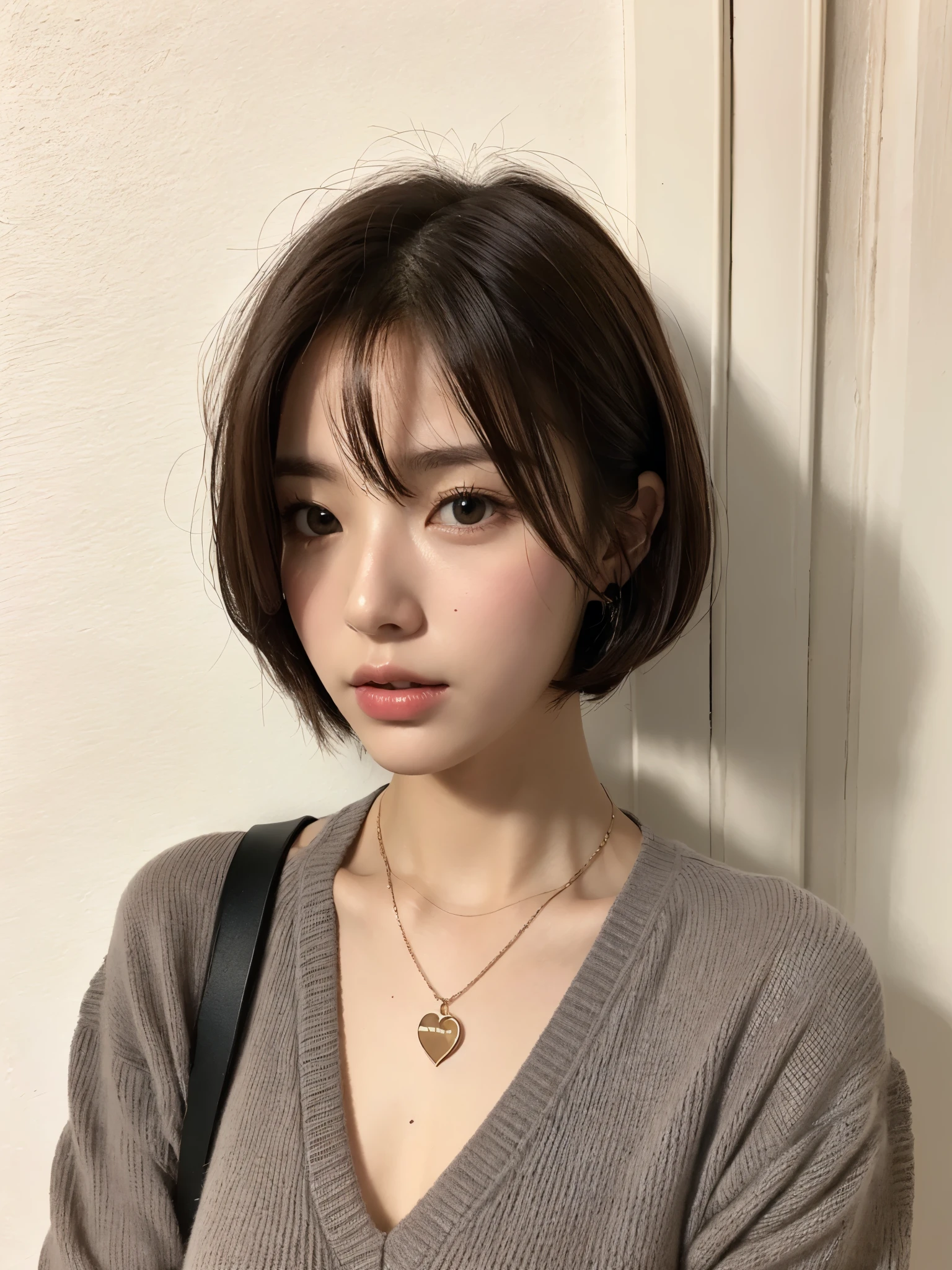 white wall、Taken in front of the white door、(A room with a white wall and a window)、shot in natural light、Highly detailed face and skin texture、highly detailed lips、correct state of the human body、Super high resolution、(Photoreal:1.4)、top quality, 1 beautiful woman, 28 years old, s, 35mm lens、Light Blue Knit、(Dark brown medium shorthair)、Japanese woman with bob、(dark brown hair)、Versatile poses、looking at the camera、natural color lip、Autumn outfit、Winter clothes、 necklace