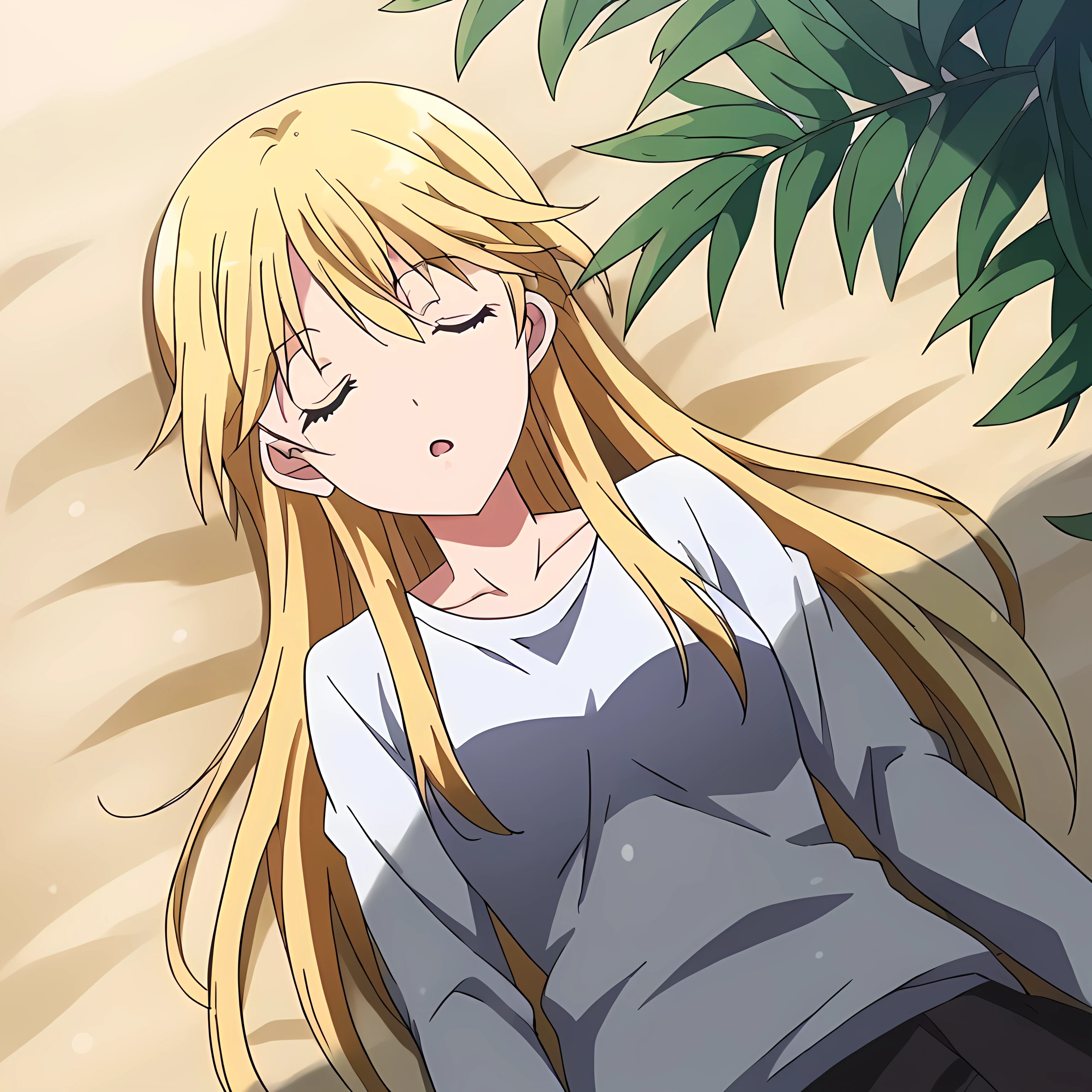 source_anime, long hair, yellow eyes, sitting on the sand, sleeping with open mouth, leaning against tree, top angle
solo icon