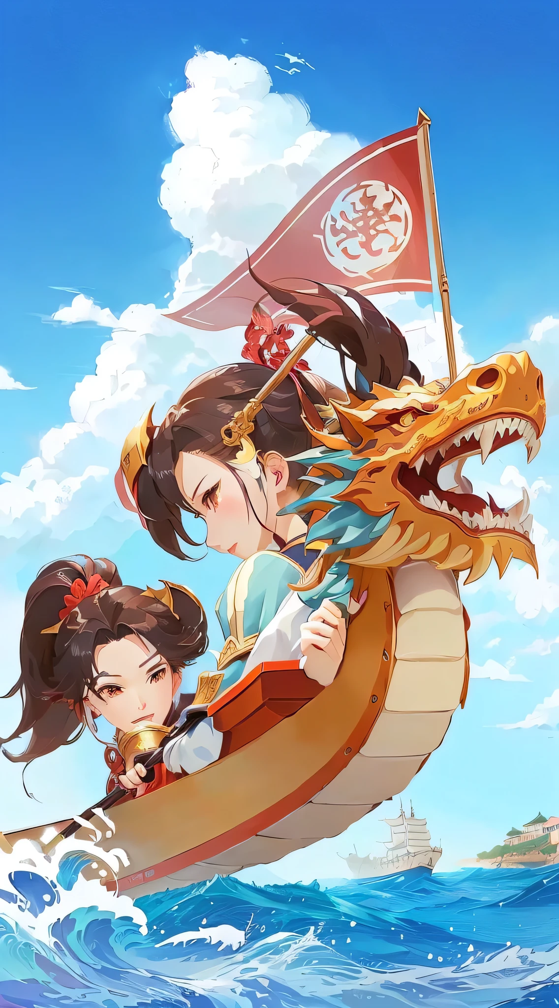 Anime characters riding a boat，There is a dragon on the bow, Official Fanart, Propaganda Art, Mobile game art, Inspired by Pu Hua, Anime fantasy illustration, A beautiful artistic illustration, Anime Illustrations, digital Anime Illustrations, Official Artwork, anime style illustration, Official Art, Chinese Fantasy, High-quality fanart, artistic, Detailed fan art, Full-color digital illustrations