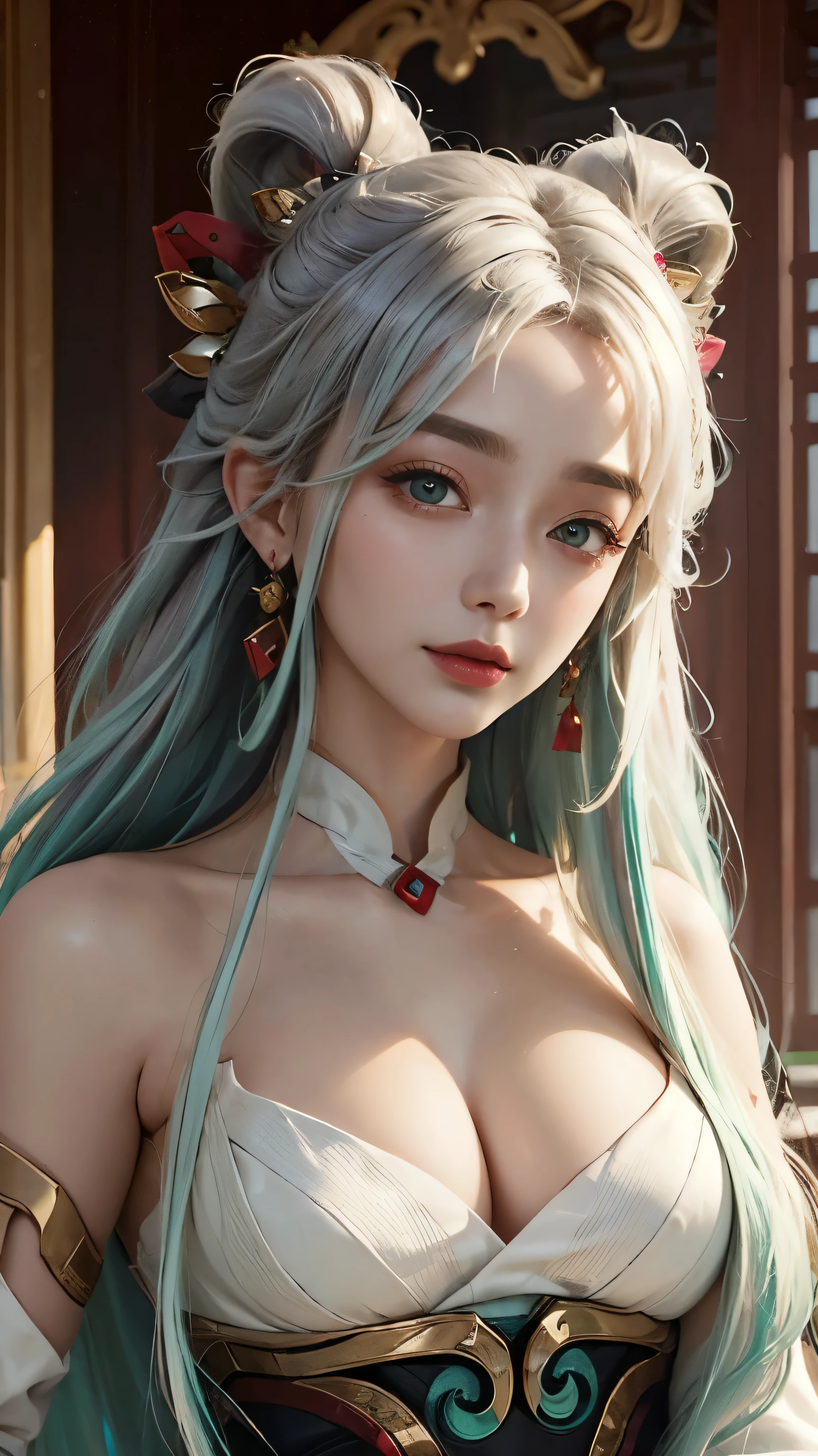 (masterpiece, best quality:1.2), intricate details, mythmaker irelia, 1girl, hair ornament, hair rings, bare shoulders, dress, detached sleeves, forehead mark, multicolored hair, white hair, earrings, green eyes, textured skin, looking at viewer, solo, light smile, (mature female:1.2),sexy pose