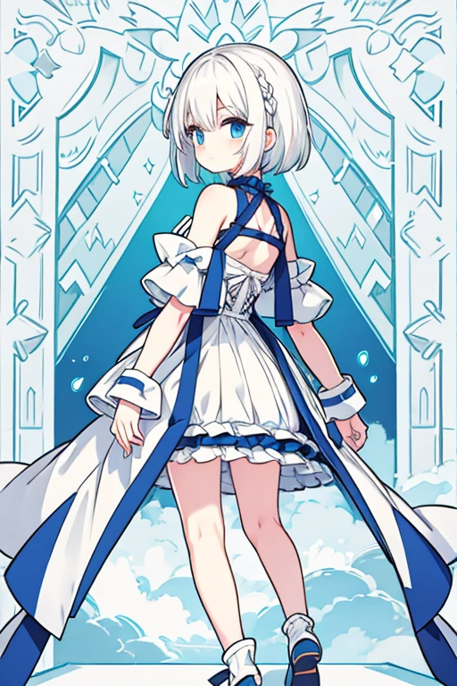 white hair, short hair, side braid, bangs, hair over shoulder, hair spread out, from behind, 8k, super detail, best quality, fullbody