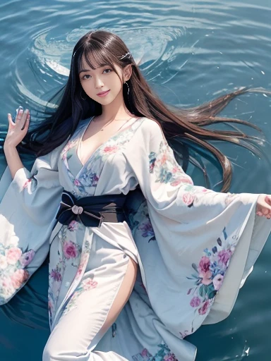 a lot of details, (underweight), 30 years old, detailed black hair, beautiful detailed hair, super fucking beautiful, complex details beautiful and delicate eyes, perfect hands, (flat chest best quality:1.5), perfect and delicate limbs, detailed skin, best quality, ultra-detailed,(cheerful grin:1.3),
(Japanese goddess,Seoritsuhime:1.2), surreal, (full body:1.2), looking away, outstretched arms, a lot of details, Fluttering long hair, delicate beautiful face, angel halo, (kimono:1.2,floral print cloth:1.2), finely detailed cloth, beautiful colored clothes, floating cloud, on beautiful detailed water, Water as smooth as a mirror,