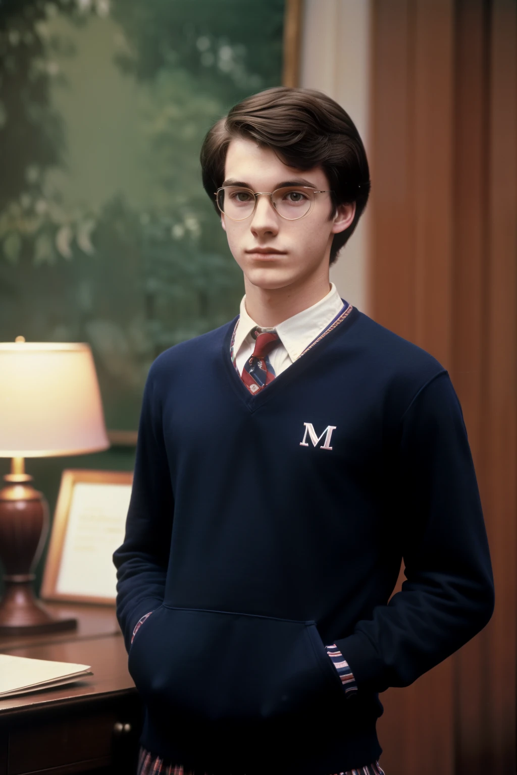 Hampden College, 1982, dark academia. A young ((((19-year-old)) Henry Winter)), serious, round glasses, in the college comon room, ((((clothings from the 1980s)))), ((dark hairstyle of the 1980s)), ((colorful, Monet))