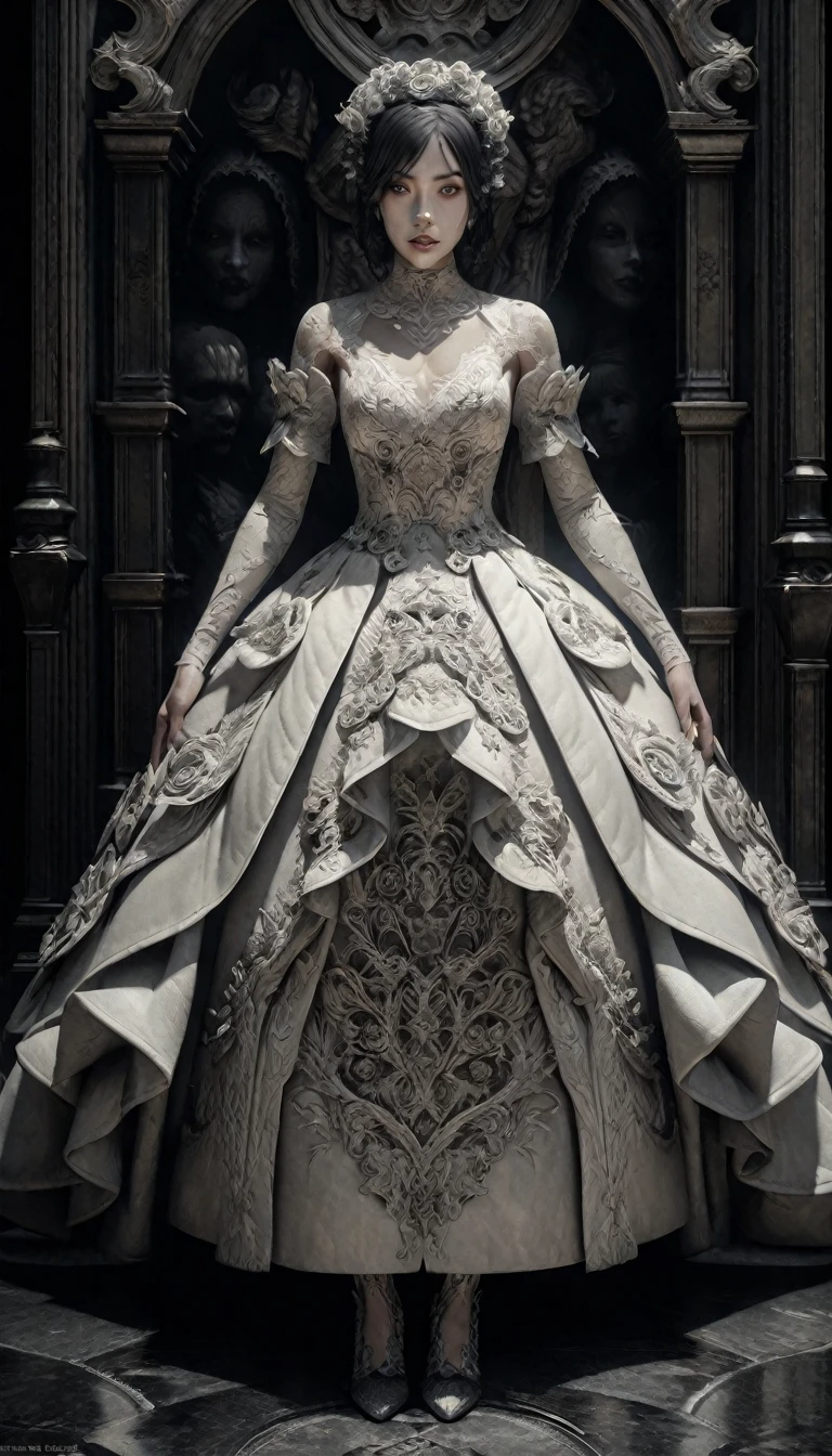 Extremely detailed full body shot, a white lace wedding dress, corpse bride, beautiful detailed eyes, beautiful detailed lips, extremely detailed corpse face, long eyelashes, high-detail 3D render, dark surreal gothic fantasy, somber moody lighting, muted color palette, cinematic dramatic composition, intricate ornate details, baroque style, masterpiece, (best quality, 8k, highres, masterpiece:1.2), ultra-detailed, (realistic, photorealistic:1.37)