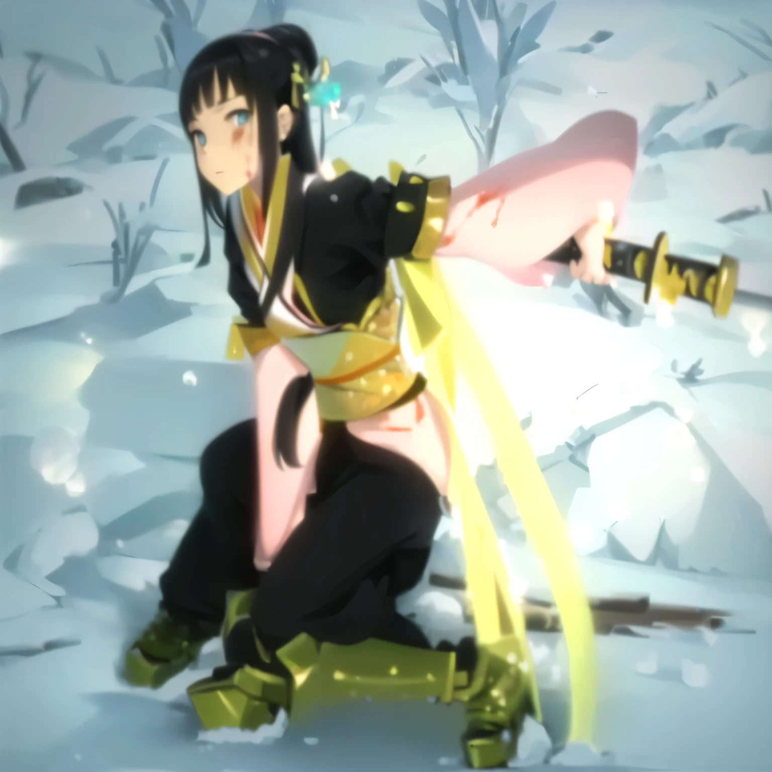 Super detailed, high quality,anime girl in a torn pink outfit sitting on a snow covered ground, 14years old,Black hair, Hime cut, eyes closed,full body wuxia,((injury)), painful expression,dramatic wielding katana pose, sao style anime, wielding a keris sword,wielding a katana, body(((injury))),all around(((many blood))),8k,nsfw