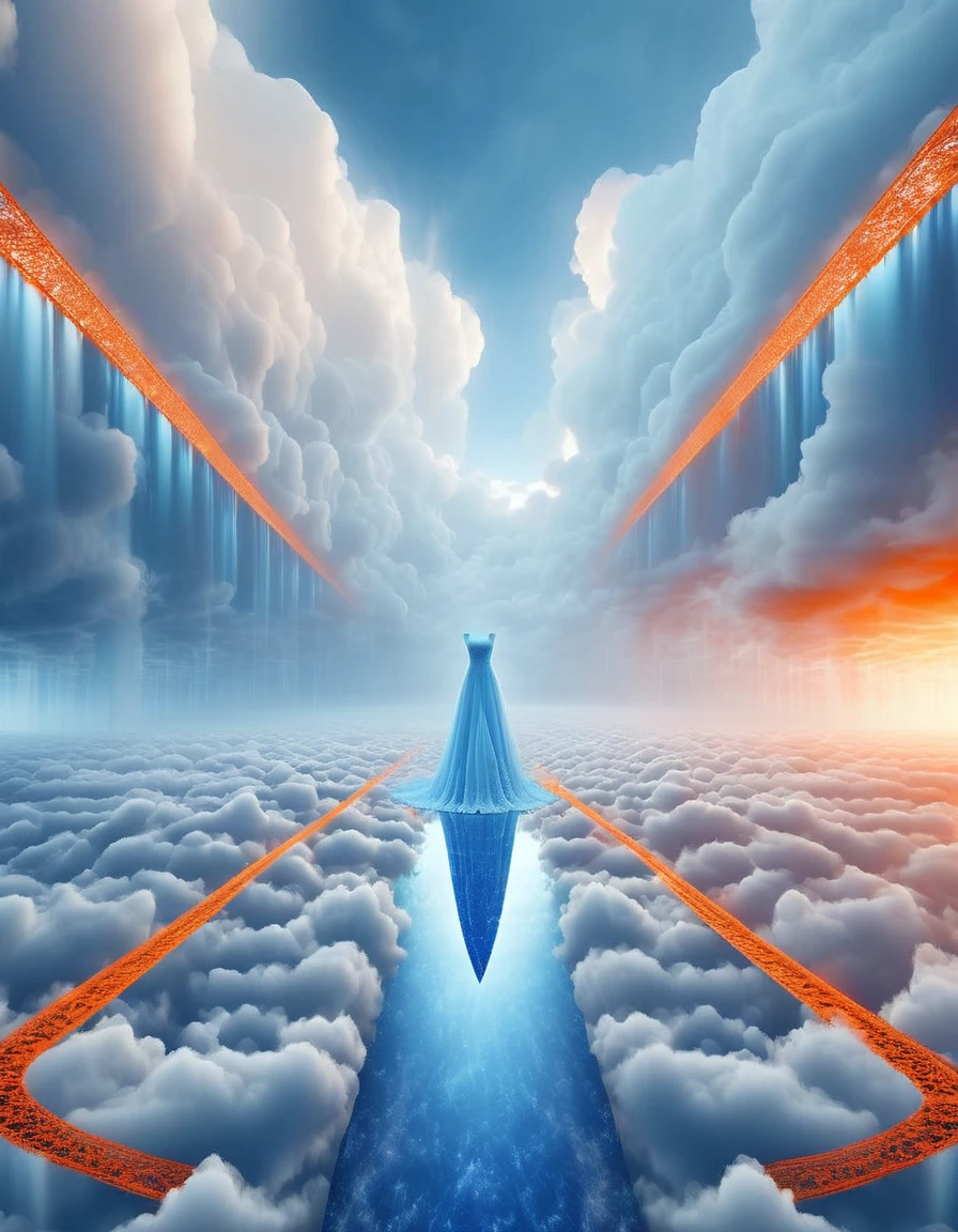 Tyndall phenomenon,best quality,Super detailed,Practical,professional,Blue Lace Wedding Dress,Rows of orange beams,cloud,mist,,White minimalist,partial reflection,Desktop Wallpapers,