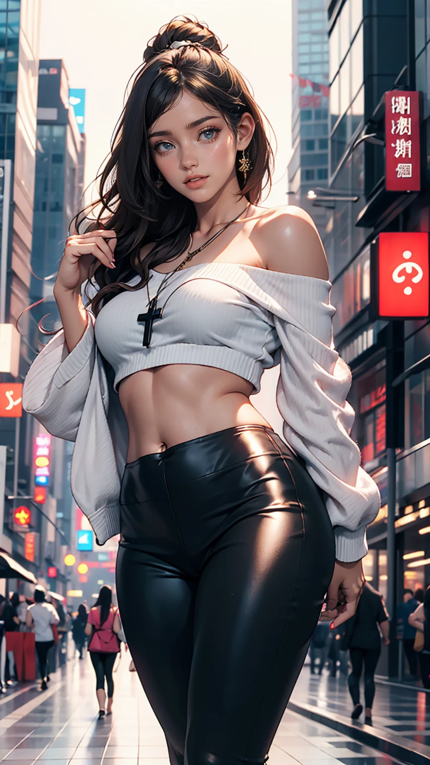 24-year-old woman、Sexy proportions、Wear off-the-shoulder tops、I can see my belly button、Wear low rise leggings、Skyscraper Background、smile、Cross one's arms、Carry a handbag over one's shoulder、sexy