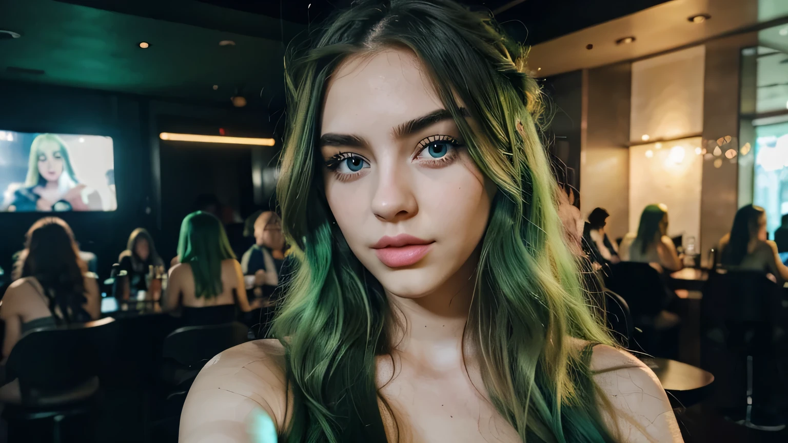 beautiful american girl 24 years old, bright green hair, long wavy hair, bright blue eyes, big lips, thin fluffy eyebrows, long irises, oval face, small nose, selfie in the club