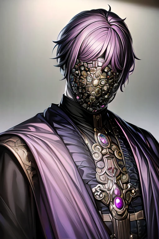 (masterpiece, best quality, perfect face, expressive eyes), 1boy, (anime), (adult),  short purple hair, alexandrite jewelry, (decorated black coat), purple vest, intricate details, mask, 