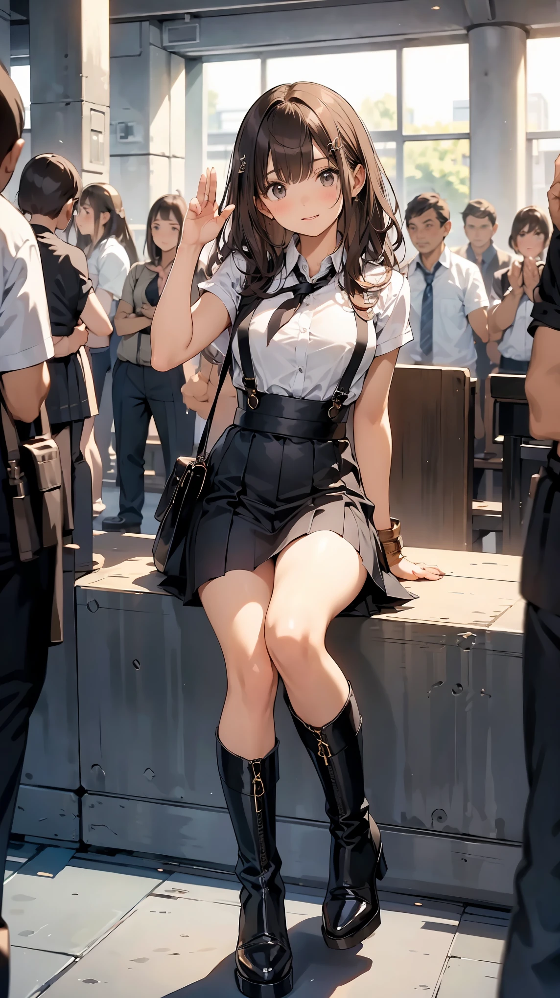 brown hair、Watch the audience　　　Black suspenders　　　big protruding breasts　　 　 　　　wall: 　Black mini skirt　Garter　　　　　　gaze　　　Small face　Bangs 　　　Leather Case　　　beautiful woman　　Raise your hand　　レッグLeather Case ベッドに横たわる　　gaze 　Black boots shot　provocative　flank　flank汗　I am 　arm