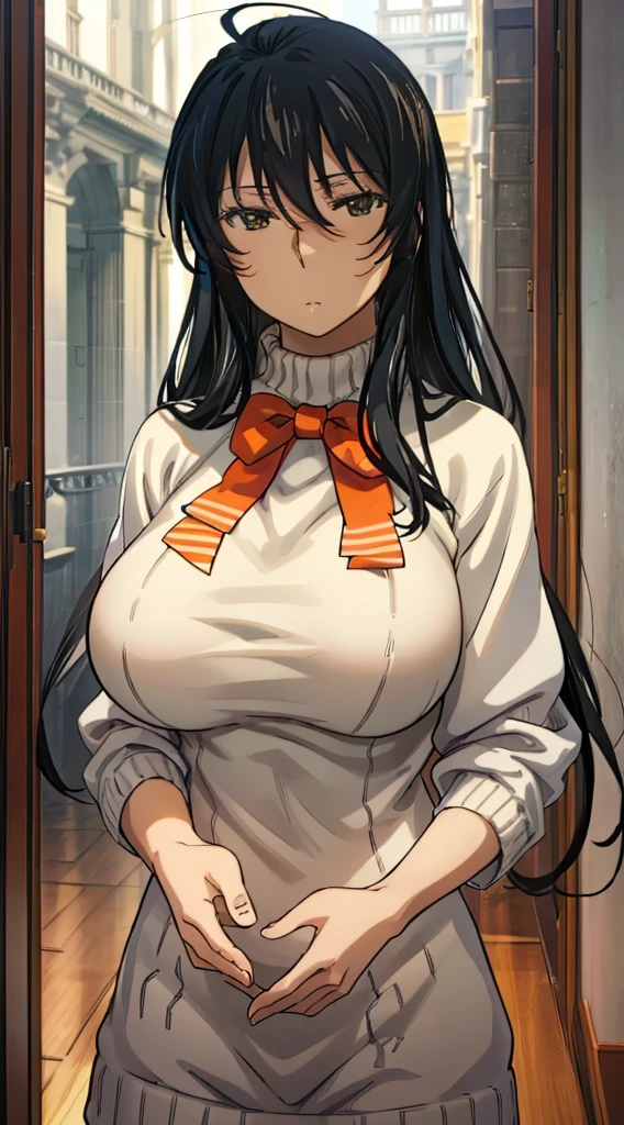 AK,1girl, solo, portrait, (huge breasts), expressionless, long hair, ahoge, bowtie, perfect quality, good quality, masterpiece, HDR, UHD, highly detailed, 8k, hyper realistic, photorealistic, intricate details, virgin killer sweater, 