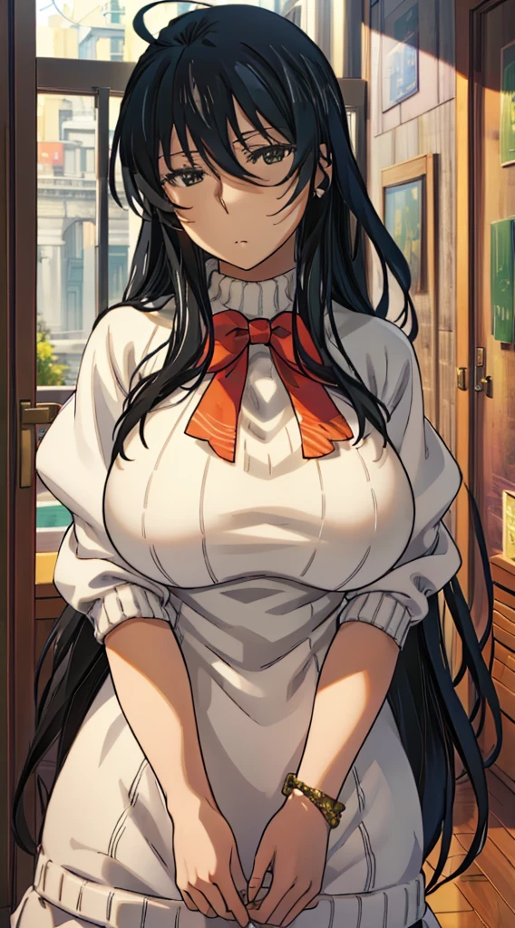 AK,1girl, solo, portrait, (huge breasts), expressionless, long hair, ahoge, bowtie, perfect quality, good quality, masterpiece, HDR, UHD, highly detailed, 8k, hyper realistic, photorealistic, intricate details, virgin killer sweater, 