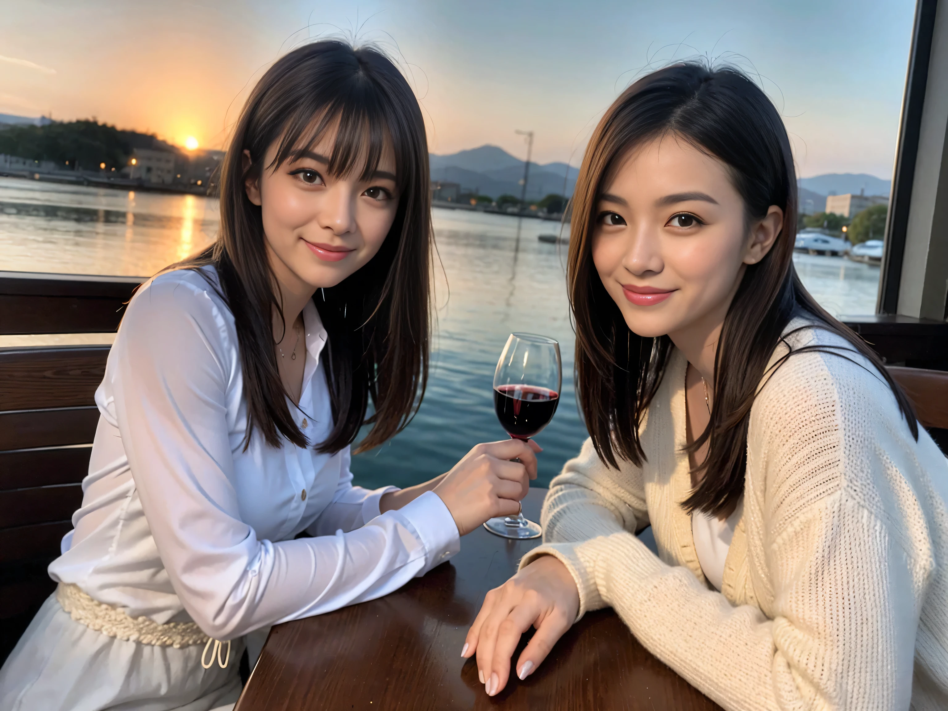 ((highest quality、8k、masterpiece:1.3))、1 male、1 female、Couple、Spouse、Satomi Ishihara-like beautiful couple、The body is slim、((Bob Hale、Straight hair:1.2)), (Realistic, Intricate details:1.2), Wine glass on the table、Put the light on your face、 Amazing view of the sunset sky and clouds、Amazing mountain views、A bright smile、The wonderfulness of smile、Bright image、The beauty of wine, Beautiful Face, blue eyes, The light shines on your face, Blushing, short hair,Bright Face、 (Age 35), 39 years old, red wine 、Appetizers、Italian food、Wine bottle、Champagne、sparkling wine、Two beauties、Brown Hair、Shortcuts、Long sleeve shirt、dress、Pretty Woman 1, (Slim face), (The body is slim), (Brown Hair), (Shortcuts), cheeks turn a little red,Attractive beauty、restaurant, In a prominent place (From the waist up) Nova Frog Style, actress, model, Upper Body, White wine, slim, wine glass, A wine glass placed in the center, smile, (smile: 1.15), Beautiful fine grain, Depth f/2,saturation, High Contrast, Strong light and shadow,Moist Body:1.5、3D texture、Delicate eyes、Brown Hair、The hair is very shiny、