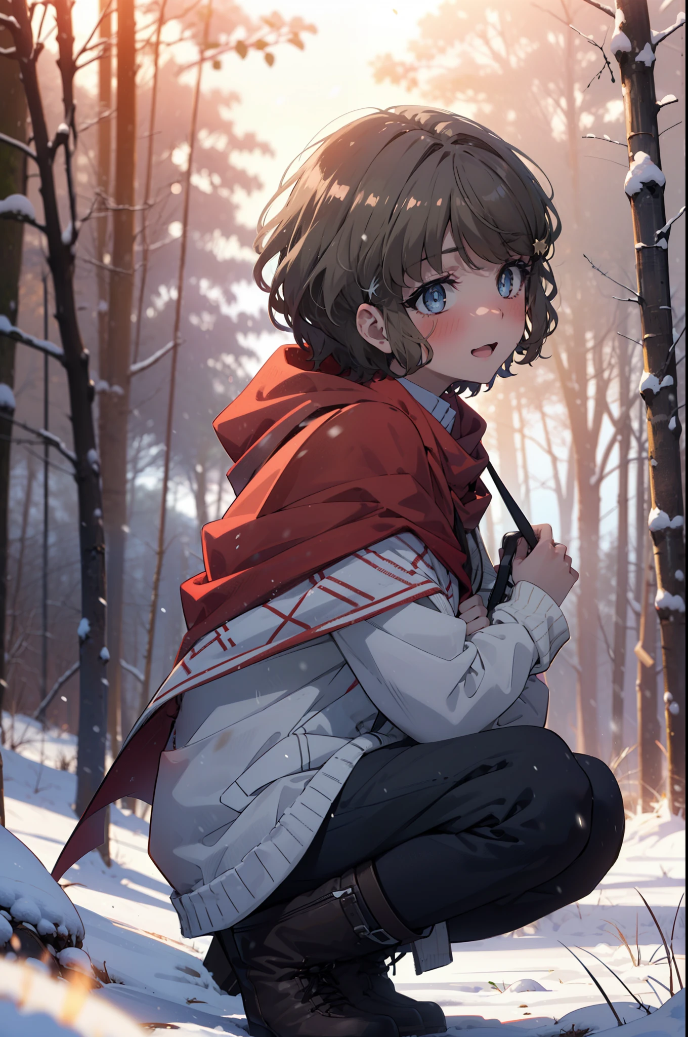 tomoekoga, Chie Koga, short hair, Brown Hair, blue eyes, hair band,smile,blush,White Breath,Center of chest,
Open your mouth,snow,Ground bonfire, Outdoor, boots, snowing, From the side, wood, suitcase, Cape, Blurred, having meal, forest, White handbag, nature,  Squat, Mouth closed, Cape, winter, Written boundary depth, Black shoes, red Cape break looking at viewer, Upper Body, whole body, break Outdoor, forest, nature, break (masterpiece:1.2), highest quality, High resolution, unity 8k wallpaper, (shape:0.8), (Beautiful and beautiful eyes:1.6), Highly detailed face, Perfect lighting, Highly detailed CG, (Perfect hands, Perfect Anatomy),