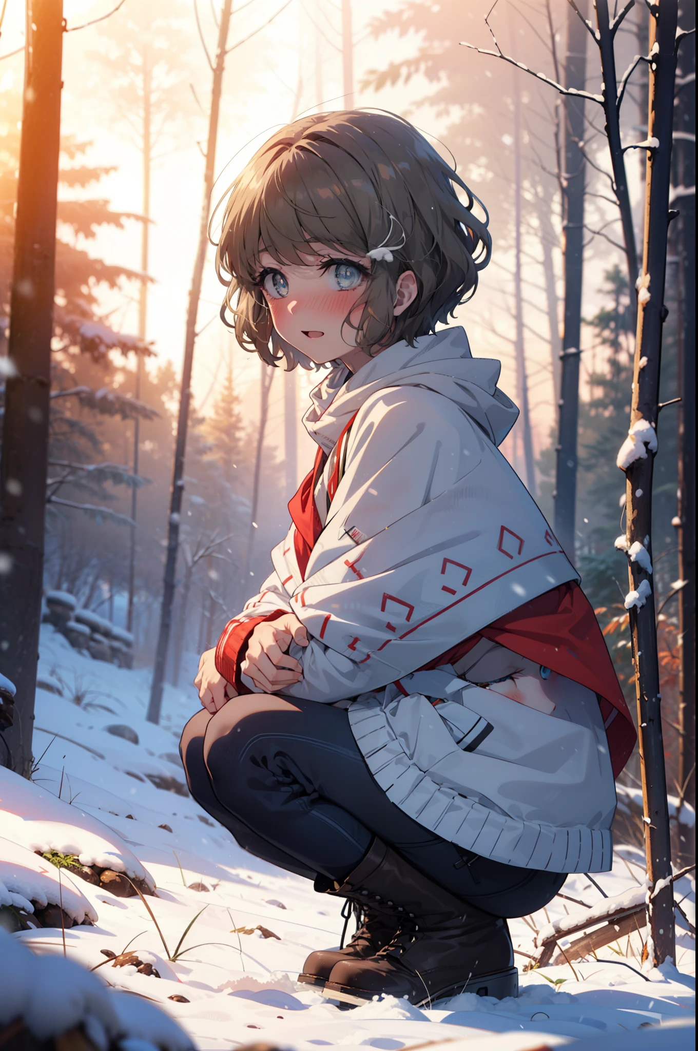 tomoekoga, Chie Koga, short hair, Brown Hair, blue eyes, hair band,smile,blush,White Breath,Center of chest,
Open your mouth,snow,Ground bonfire, Outdoor, boots, snowing, From the side, wood, suitcase, Cape, Blurred, having meal, forest, White handbag, nature,  Squat, Mouth closed, Cape, winter, Written boundary depth, Black shoes, red Cape break looking at viewer, Upper Body, whole body, break Outdoor, forest, nature, break (masterpiece:1.2), highest quality, High resolution, unity 8k wallpaper, (shape:0.8), (Beautiful and beautiful eyes:1.6), Highly detailed face, Perfect lighting, Highly detailed CG, (Perfect hands, Perfect Anatomy),