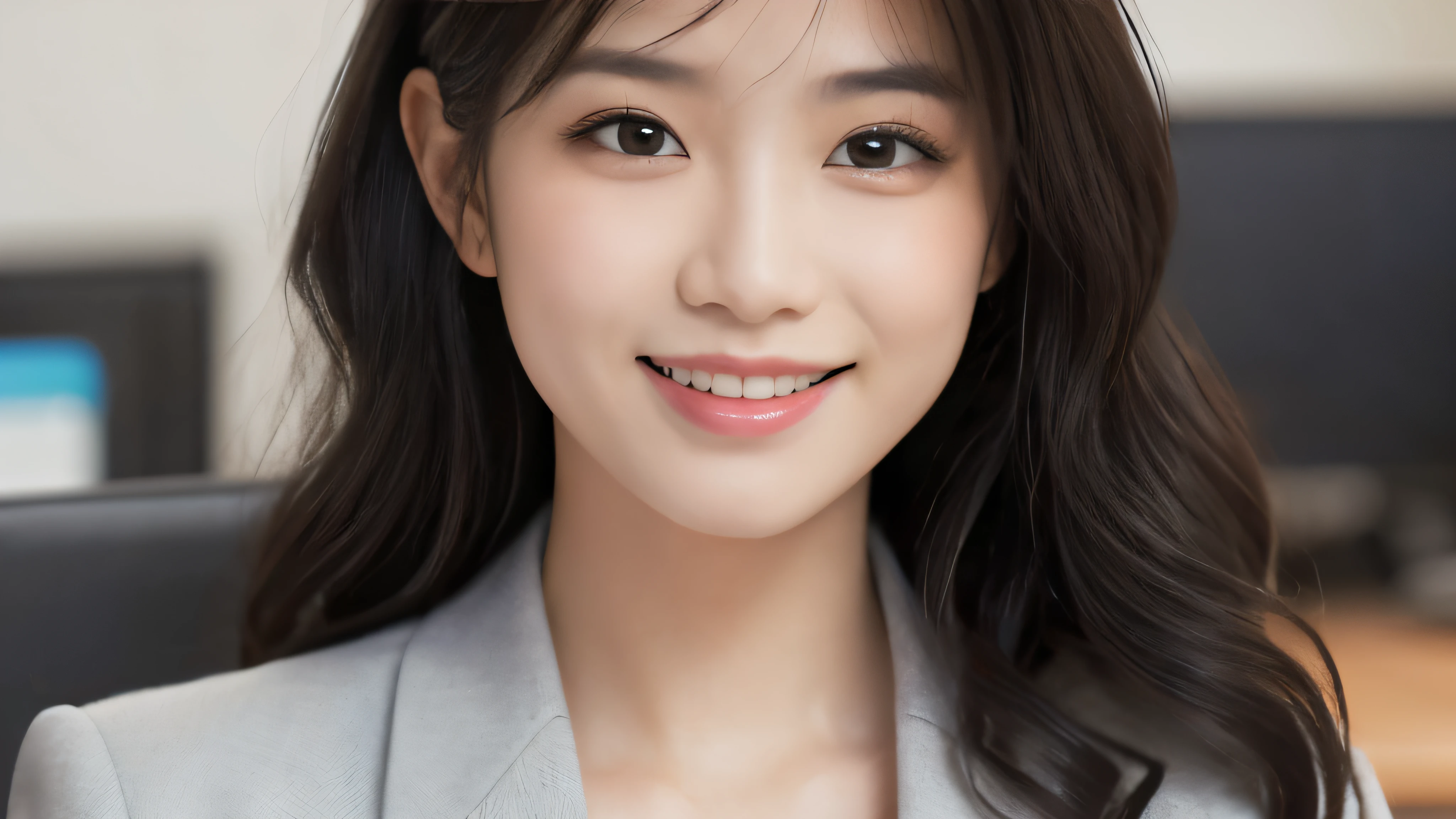 (Realistic: 1.4), (highest quality: 1.4), (fine grain), Full Body Shot, ((office)), ((One Young Woman)), Black wavy hair, ((suit)), Big eyes, Blushed, ((smile)), Highly detailed face and skin texture, Healthy Skin, 8K resolution