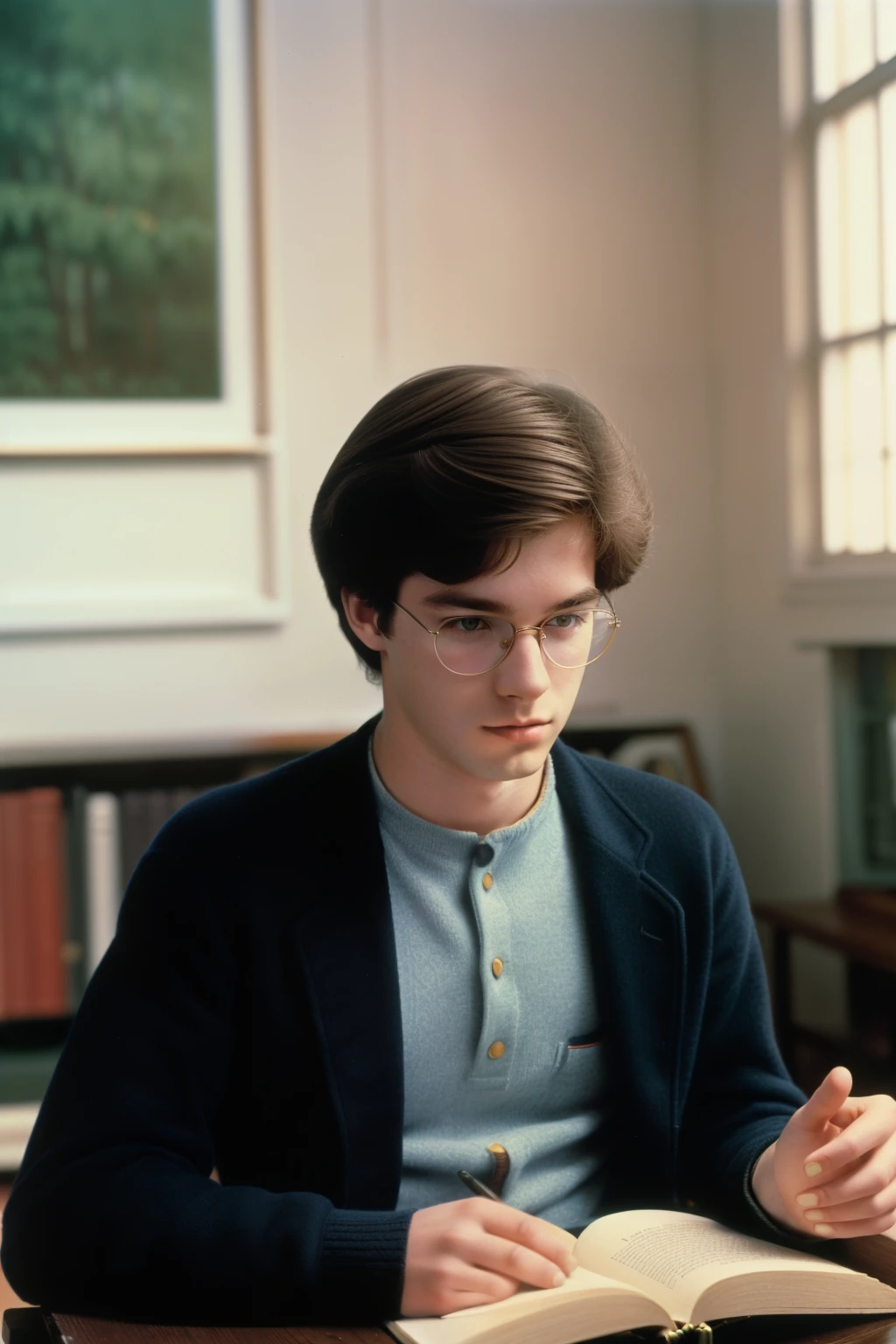 Hampden College, 1982, dark academia. A young ((((19-year-old)) Henry Winter)), serious, round glasses, reading a book, ((((clothings from the 1980s)))), ((dark hairstyle of the 1980s)), ((colorful, Monet))