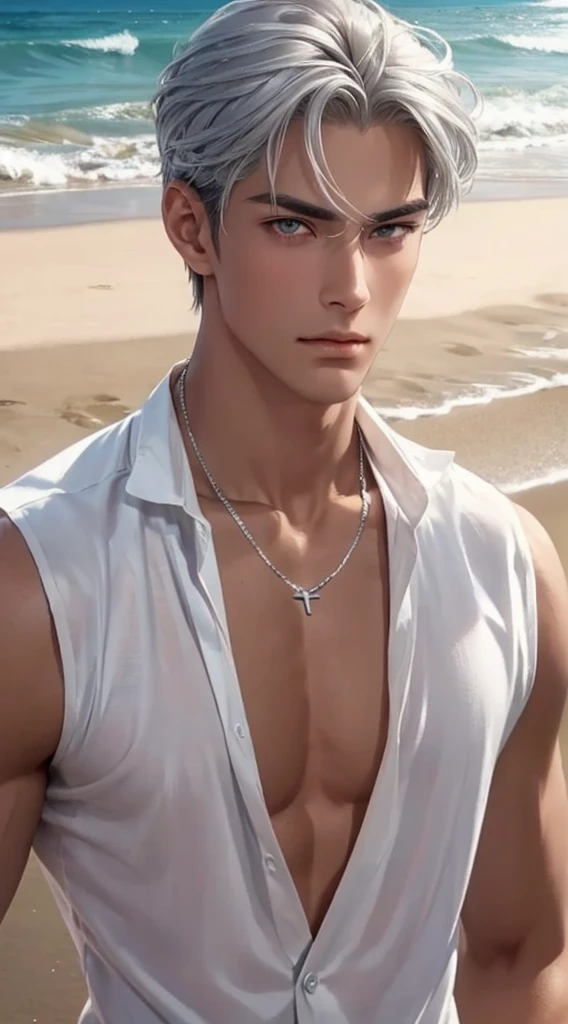 1 boy,Handsome,tall and strong,perfect male figure, eyes looking at camera, ((tanned skin)),beach,silver hair,serious expression,necklace,Ray tracing
