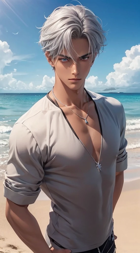 1 boy,Handsome，tall and strong,perfect male figure, eyes looking at camera, ((tanned skin)),beach，silver hair,serious expression,necklace,Ray tracing