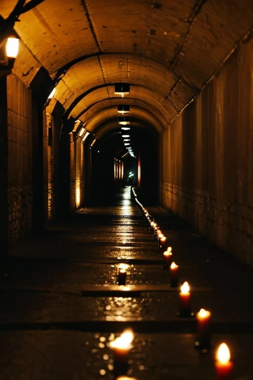 Inside the tunnel　dim　Candle flame　Men　Countless lights