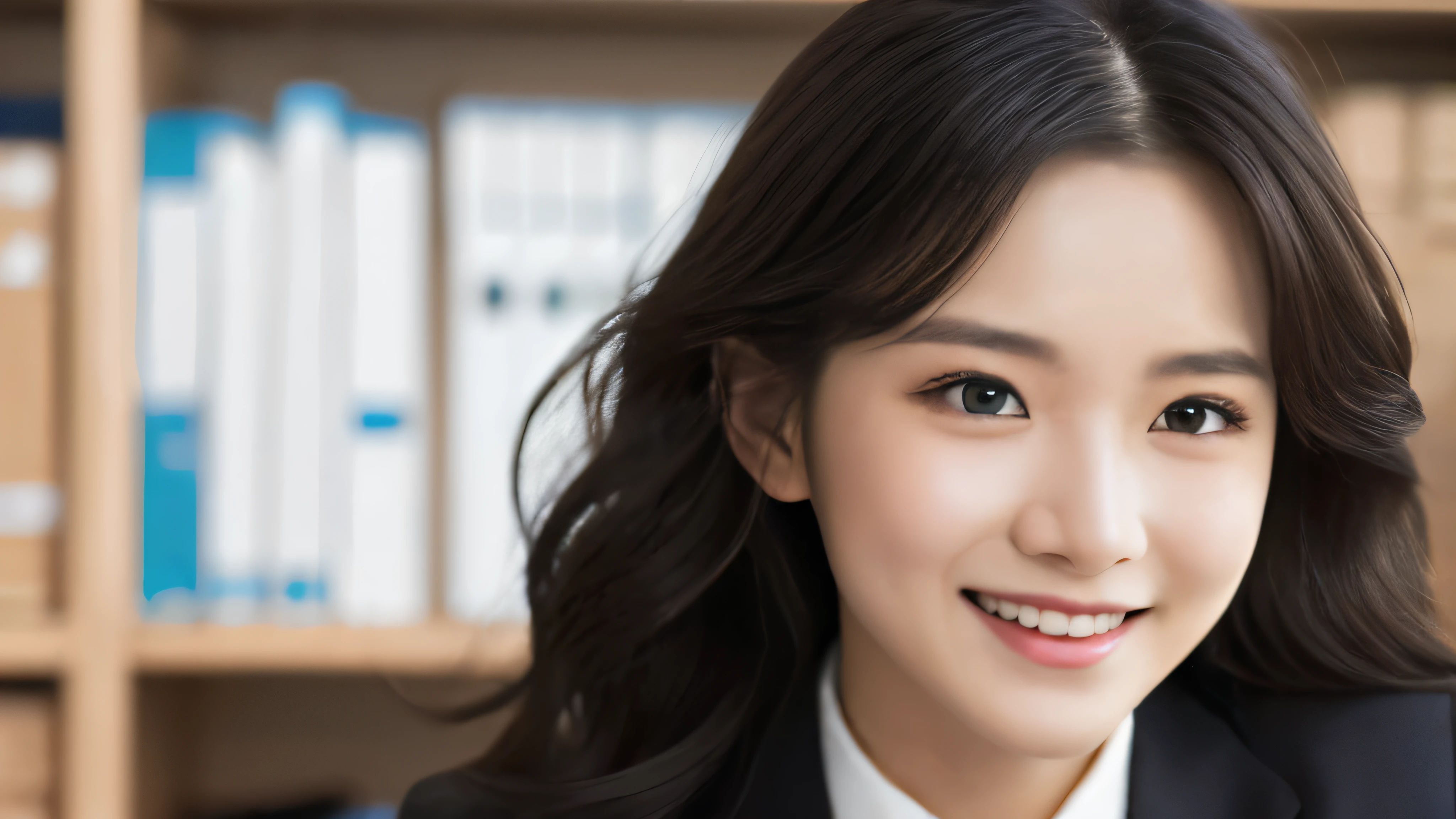 (Realistic: 1.4), (highest quality: 1.4), (fine grain), Full Body Shot, ((office)), ((One Young Woman)), Black wavy hair, ((suit)), Big eyes, Blushed, ((smile)), Highly detailed face and skin texture, Healthy Skin, 8K resolution