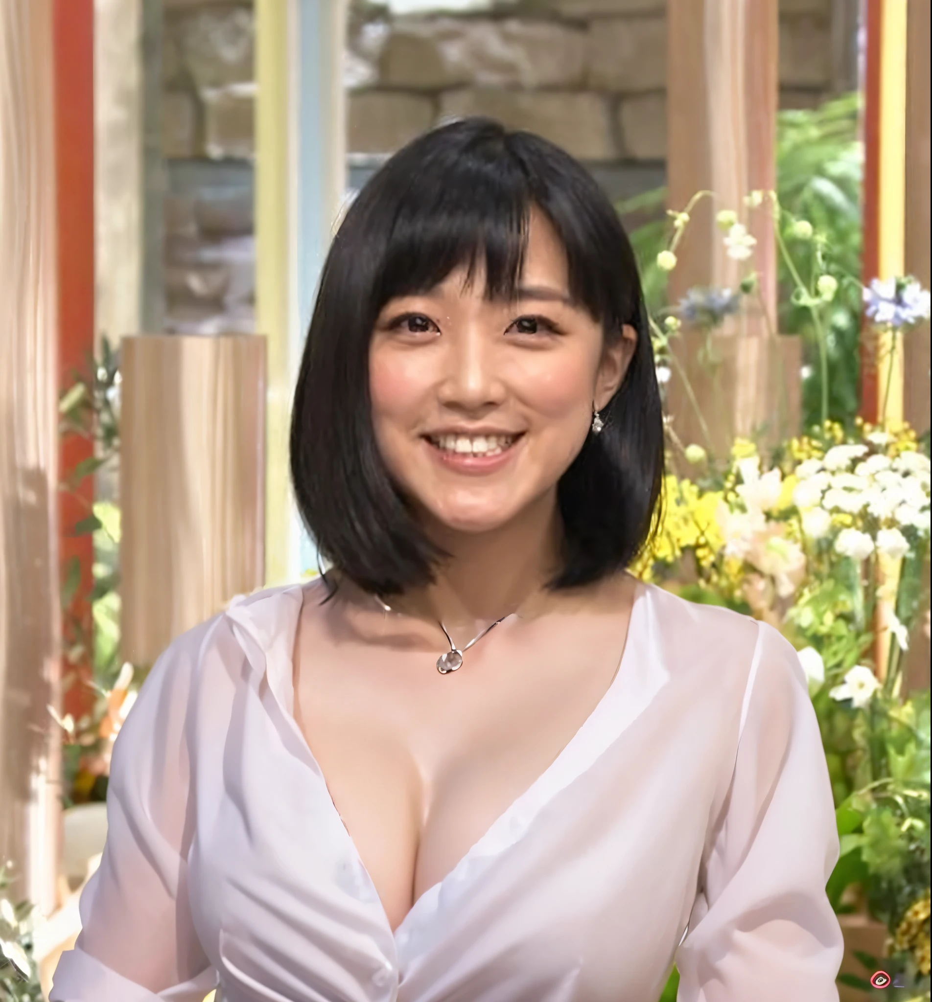 ((masterpiece))、((highest quality))、photograph、reality、high resolution、Advanced Depth of Field、Very detailed、Realistic lighting、Dynamic configuration、night、Tight dress shirt、Delicate and precise facial features、Realistic Background、Extended cleavage、Plump body、Sexy lips、Sensual smile、short hair、indirect lighting、announcer、Cleavage、No bras