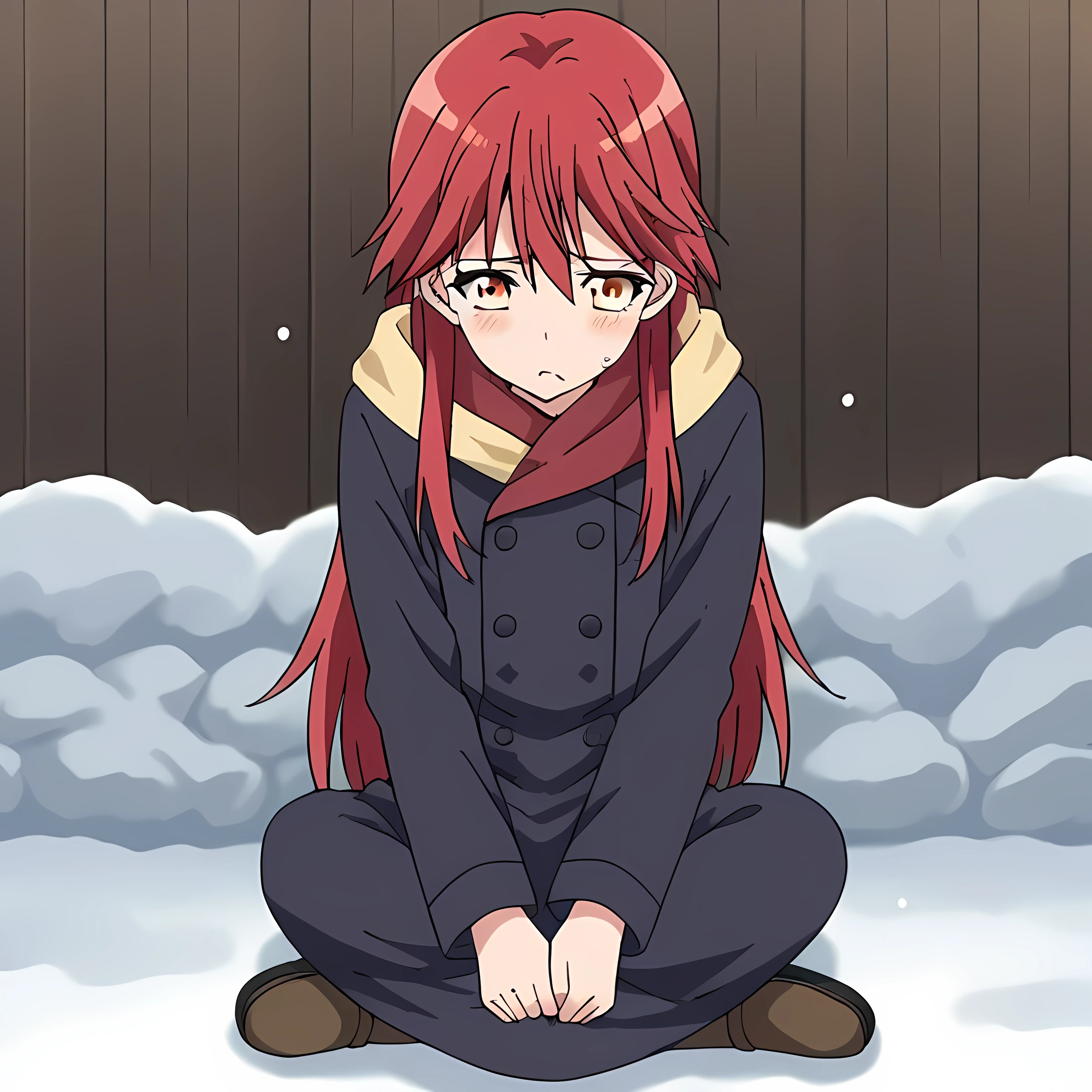  source_anime, long hair, red hair, yellow eyes,
in the snow, sitting on the ground shivering from the cold
solo icon 