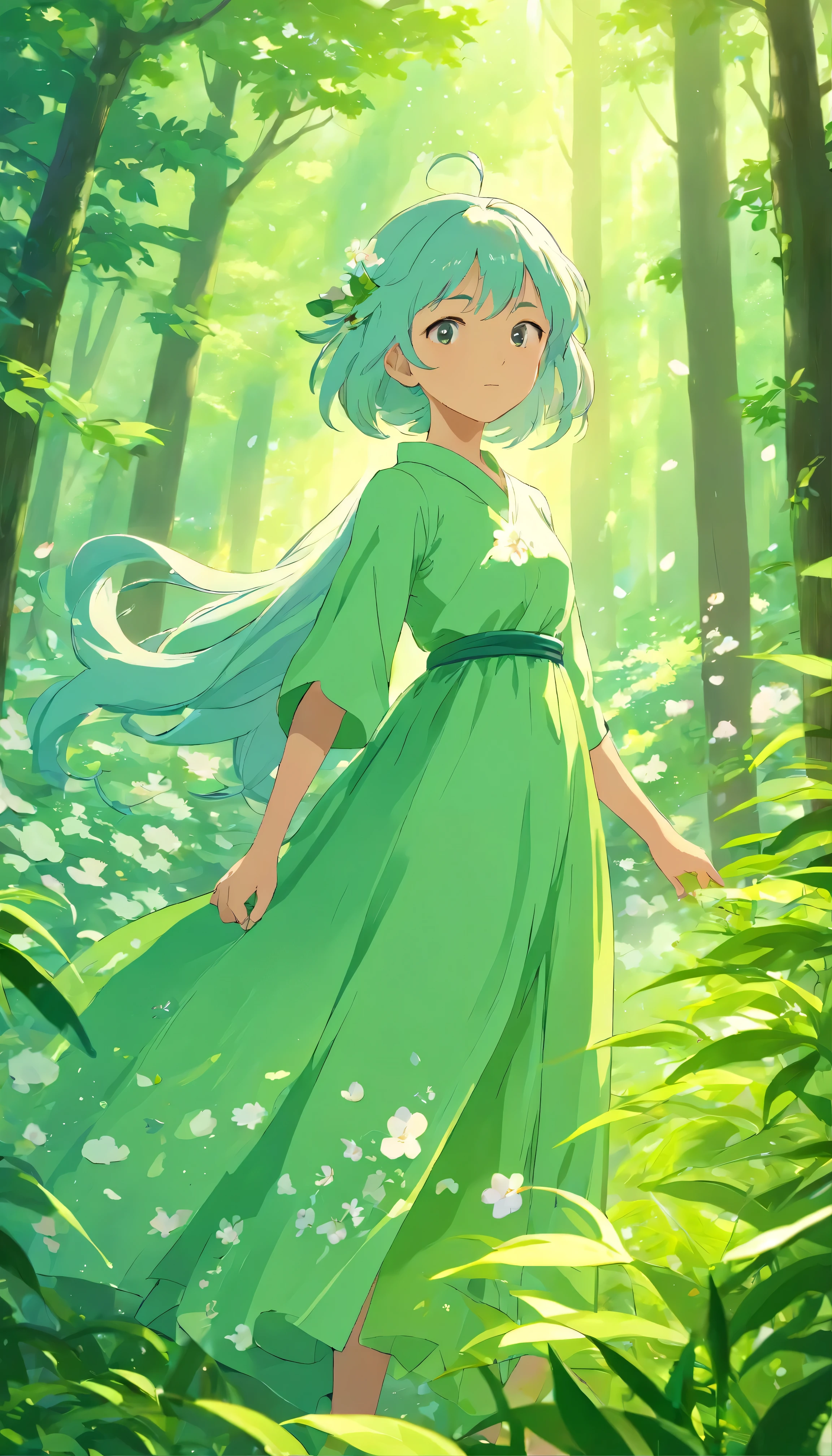 masterpiece、highest quality、(Stunning CG Unity 8k Wallpaper)、(The best illustrations)、(Perfect Shadow)Symphony of Nature、null、cloud、Gossamer leaf petals drifting in the breeze、Null Tracking、Super detailed and exquisite。 The sun breaks through the canopy、Dappled light casts across the lush forest floor.、A fascinating scene unfolds。The delicate petals that were once a rich green、Come down gently with a soft, null kiss、This is starting to change。Each petal is、Intricately detailed、Sparkling with life and energy。