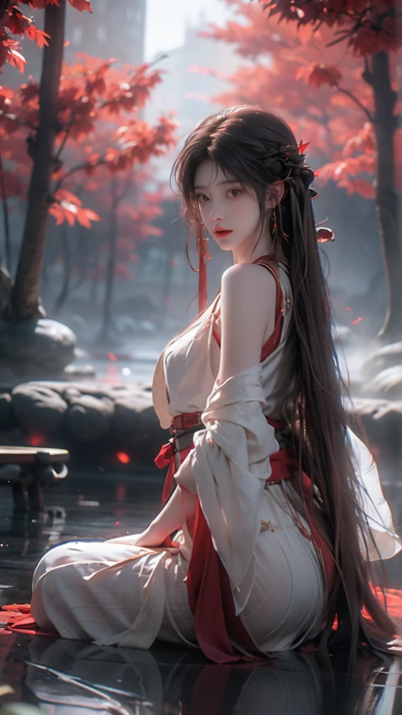 (masterpiece, best quality:1.2), 1 girl, Solitary, ((Bare shoulders, The skirt is very short)), ((Red Light Silk Hanfu)),((Red head flower)),(Red hair bands on both sides)),Deep in Wonderland，moonlight，Sit in the hot spring and play with water, sexy model，Slender sexy legs，Large Breasts，Beautiful face，cherry lips，Show confidence and calmness,The face is well defined，Skin like jade，Reveal healthy glow，Light and delicate makeup，Show temperament and charm,Skin transparency，bright and vibrant,Clothes fluttering，Seductive pose,,beauty，grace，The background is red mulberry forest，Depth of Field