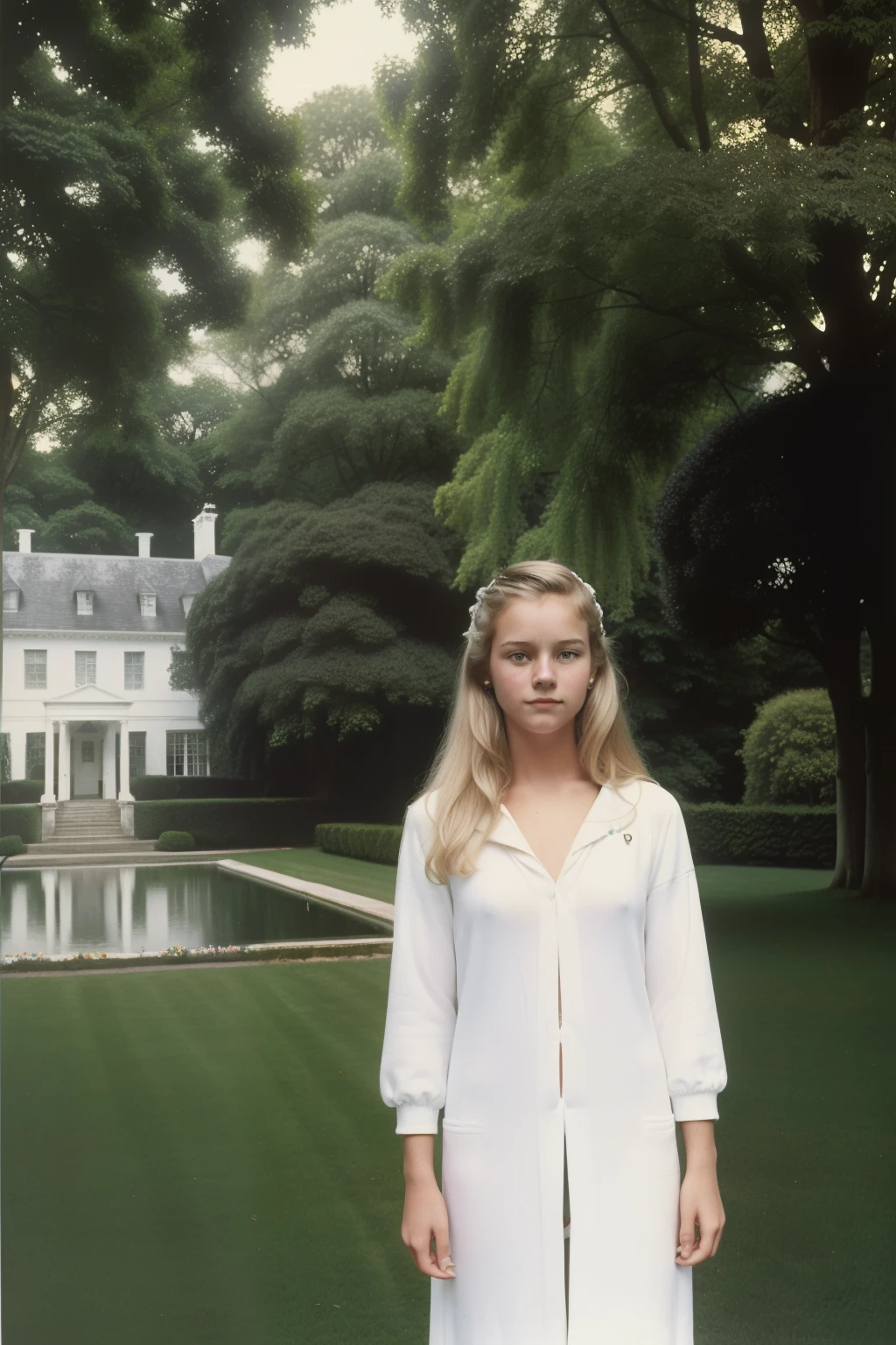 Hampden College, 1982, dark academia. A young ((((19-year-old)) Camilla Macauley)), in a mansion garden, mansion in the background, ((((white clothings from the 1980s)))), ((dark-blonde hairstyle of the 1980s)), ((colorful, Monet))