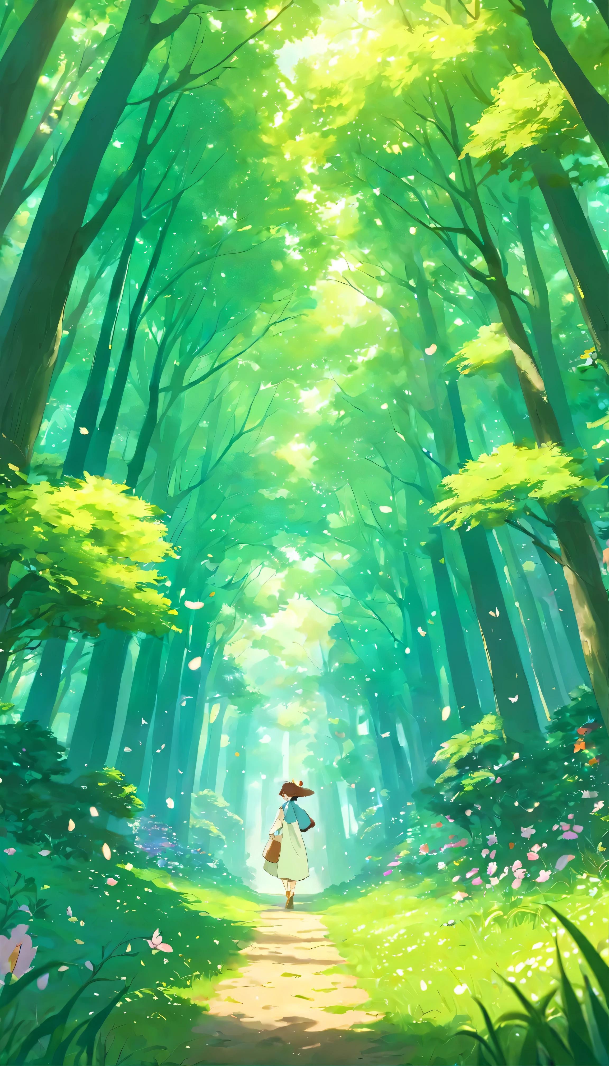 masterpiece、highest quality、(Stunning CG Unity 8k Wallpaper)、(The best illustrations)、(Perfect Shadow)Symphony of Nature、null、cloud、Gossamer leaf petals drifting in the breeze、Null Tracking、Super detailed and exquisite。 The sun breaks through the canopy、Dappled light casts across the lush forest floor.、A fascinating scene unfolds。The delicate petals that were once a rich green、Come down gently with a soft, null kiss、This is starting to change。Each petal is、Intricately detailed、Sparkling with life and energy。