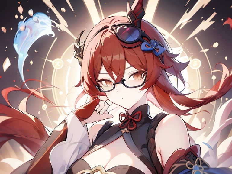 A anime girl character with red hair, shorts hair, brown eyes, black glasses, dress, by Yang J, onmyoji, Eula from genshin impact, Signora from genshin impact, Arlecchino from genshin impact, Bayonetta, onmyoji portrait, official splash art, splash art