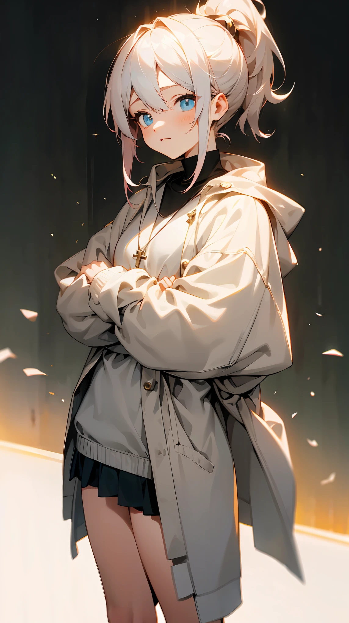 黑色和White的头发,Golden pupils,High Ponytail,Pointed ears,Dark eyeshadow,Beige coat,Black chest strap,Cross necklace,There are bandages and scars on it,The lower body is a sportswear wrapped around the waist,Short skirt,White,One long and one empty,Leg ring,Pink sneakers，stand up，Cross your arms in front of your chest，Royal sisters，Slim body